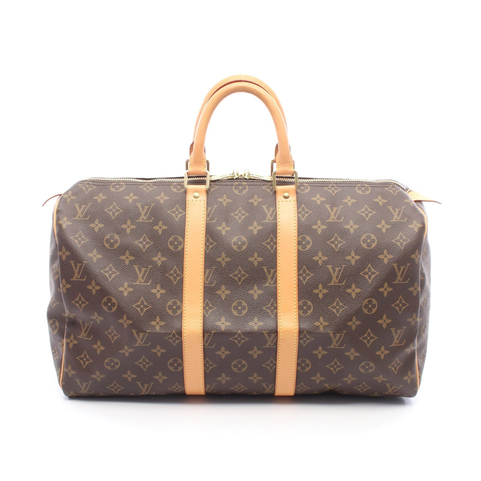 LV Keepall 45 Monogram Boston Bag: Authentic and authenticated Louis Vuitton Keepall 45 Monogram Boston bag in brown PVC leather. Model M41428, product no. FL0023. Approx. 26H x 45/46W x 20D cm with 33 cm handle.