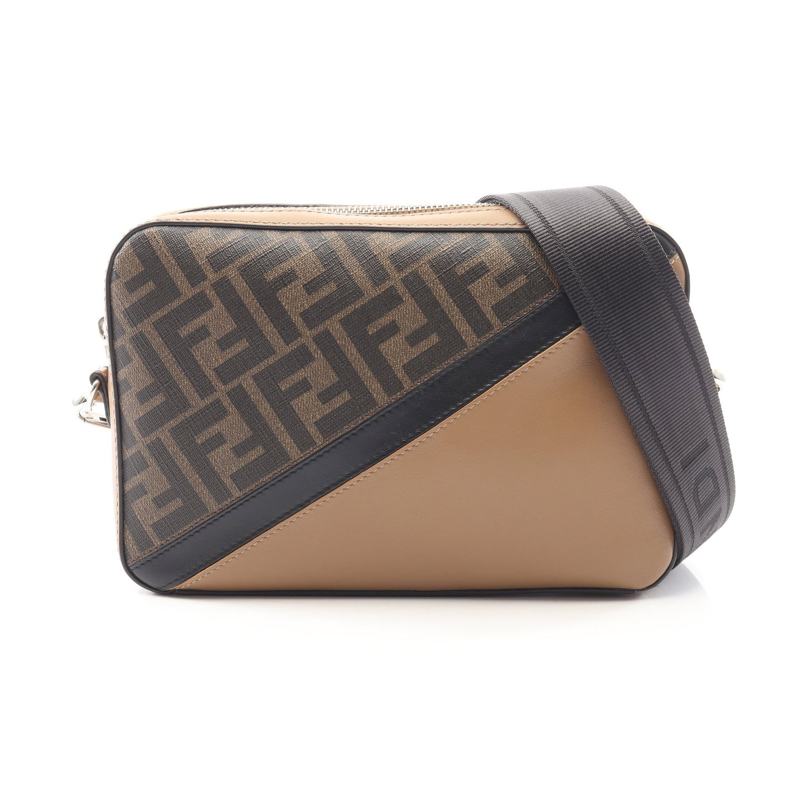 Fendi Zucca Camera Case Shoulder Bag: Authentic and authenticated Fendi Diagonal Camera Case Zucca shoulder bag in light brown and black leather PVC. Model 7M0286. Approx. 15H x 22.5W x 4.5D cm with 98-166 cm strap.