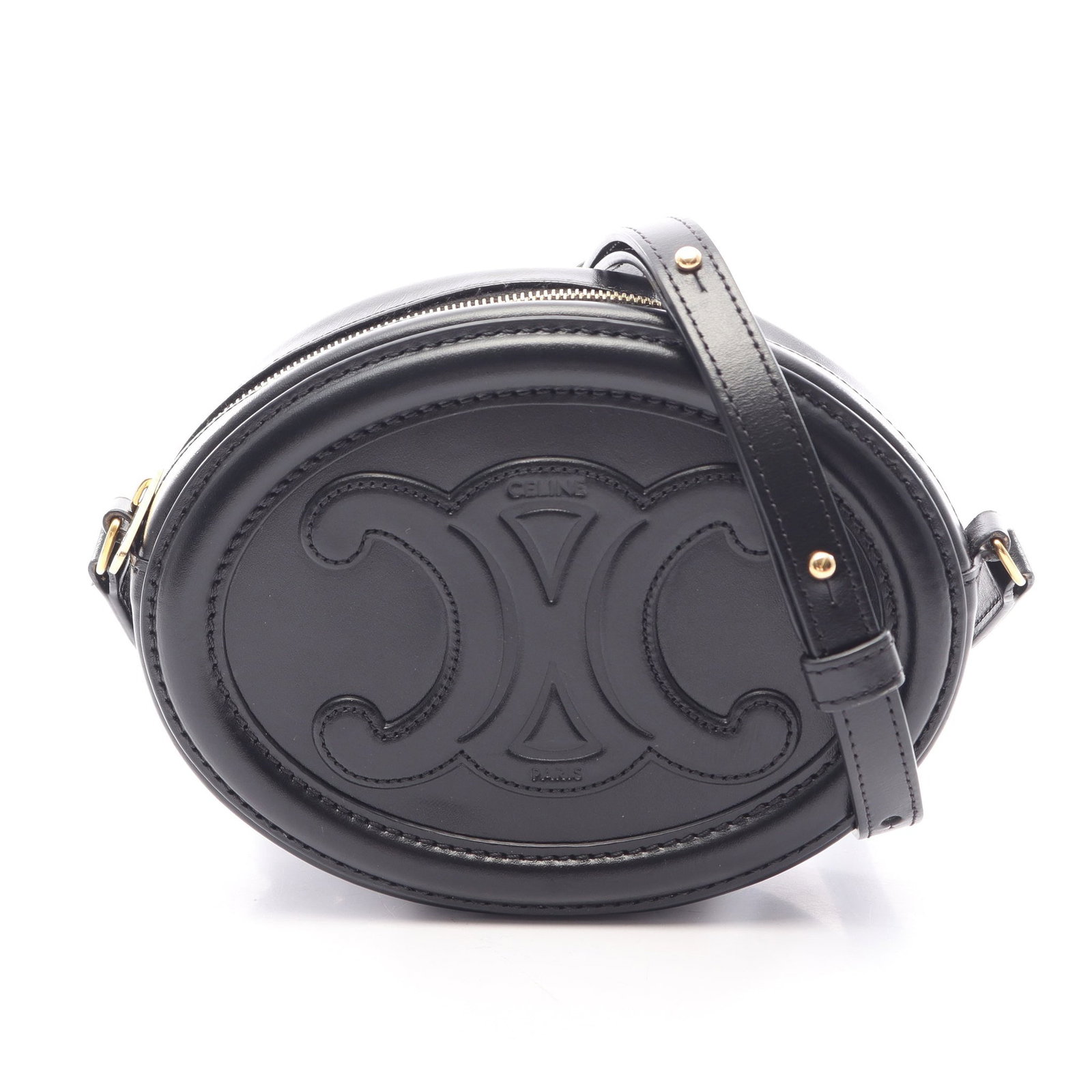 Celine Triomphe Oval Shoulder Bag: Authentic and authenticated Celine Triomphe Oval Perth Cuill shoulder bag in black leather. Model 10I703DPQ. Approx. 12H x 16W x 4.5D cm with 103-122.5 cm strap.