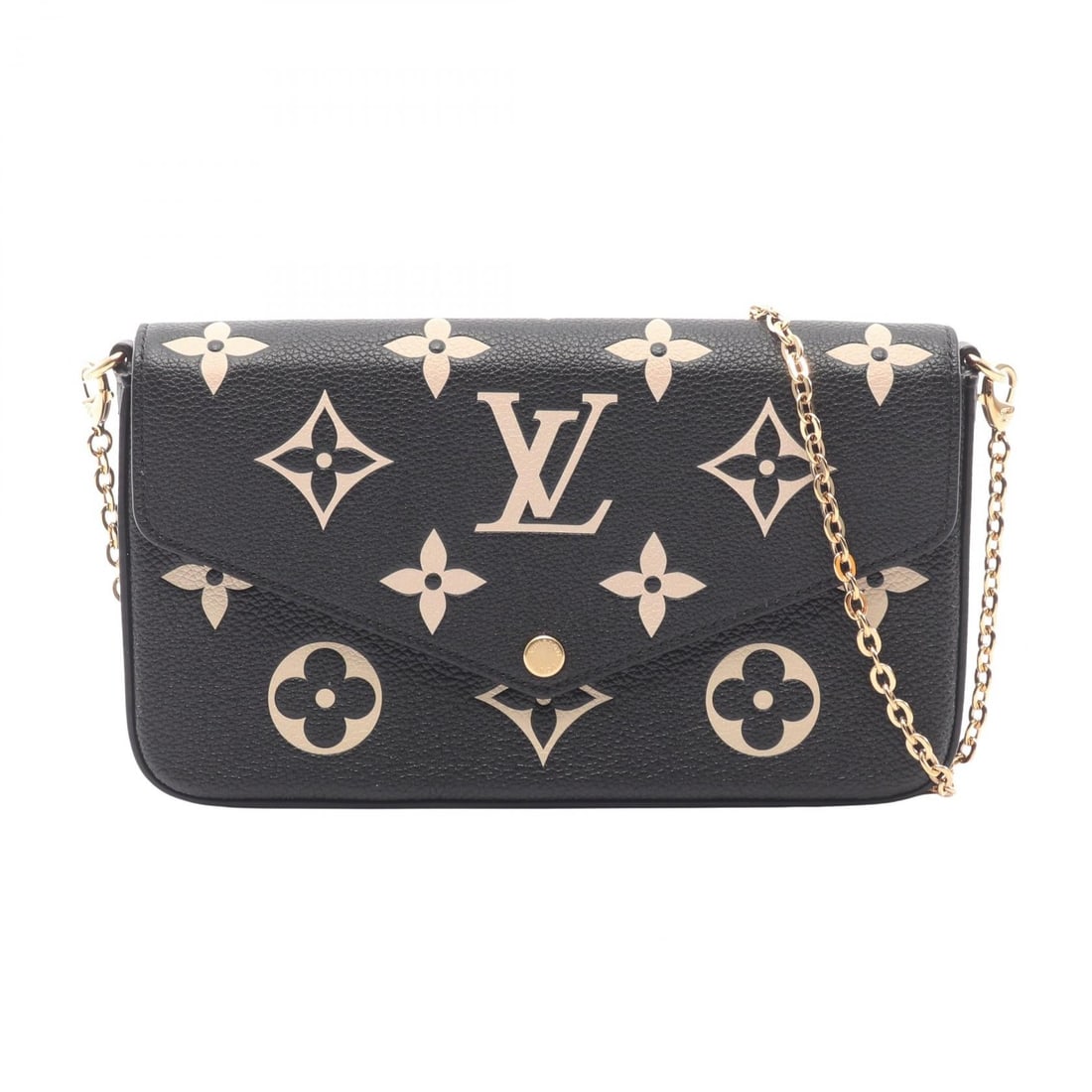 LV Pochette Felicie Bicolor Wallet: Authentic and authenticated Louis Vuitton Pochette Felicie Bicolor Monogram Empreinte chain wallet in black beige leather. Model M80482 with RFID. Approx. 12.5H x 21/21.5W x 3D cm. Includes pouch.