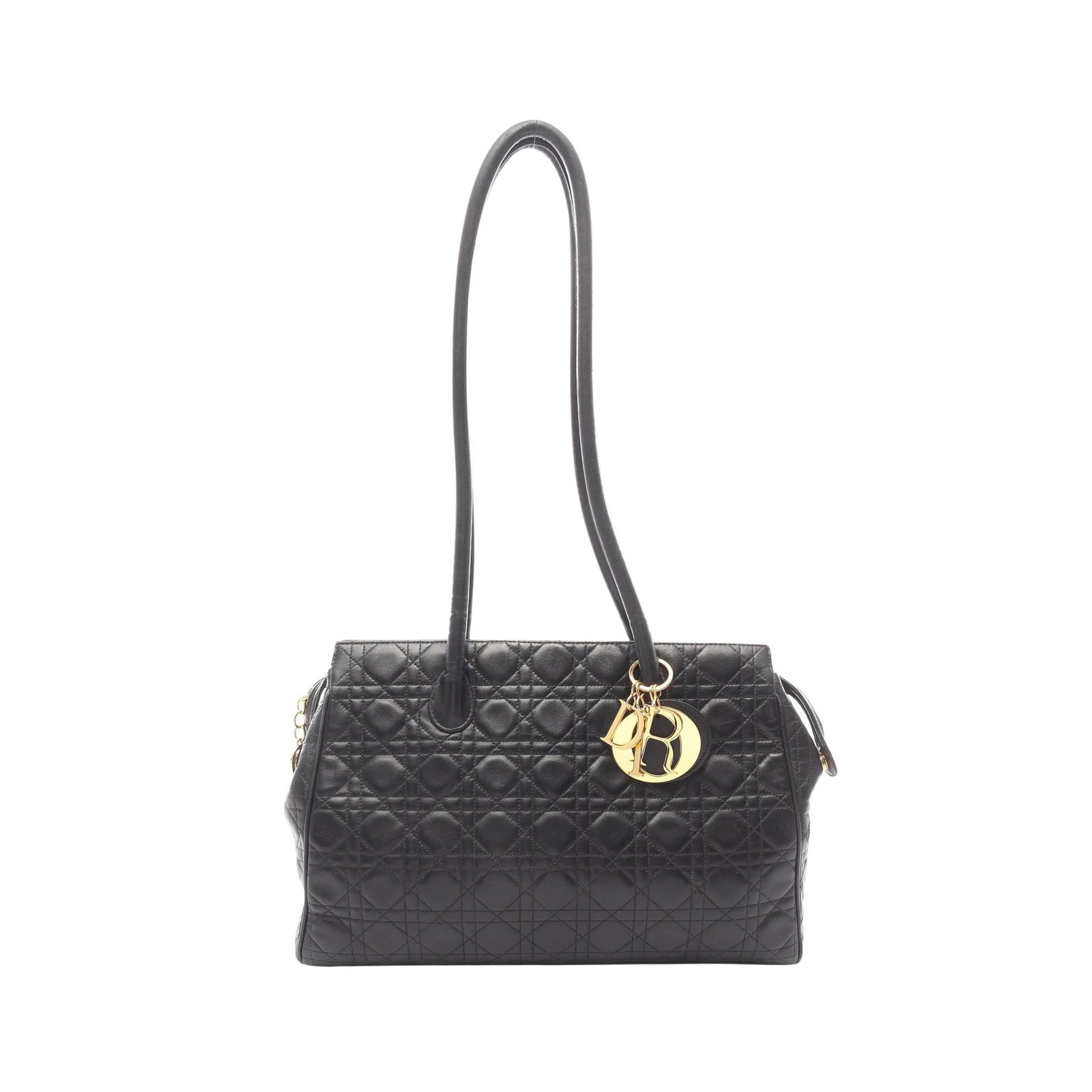 Dior Lady Dior Canage Shoulder Bag: Authentic and authenticated Christian Dior Lady Dior Canage shoulder bag in black leather. Approx. 27H x 33/38W x 10D cm with 85 cm strap and 35 cm max drop.