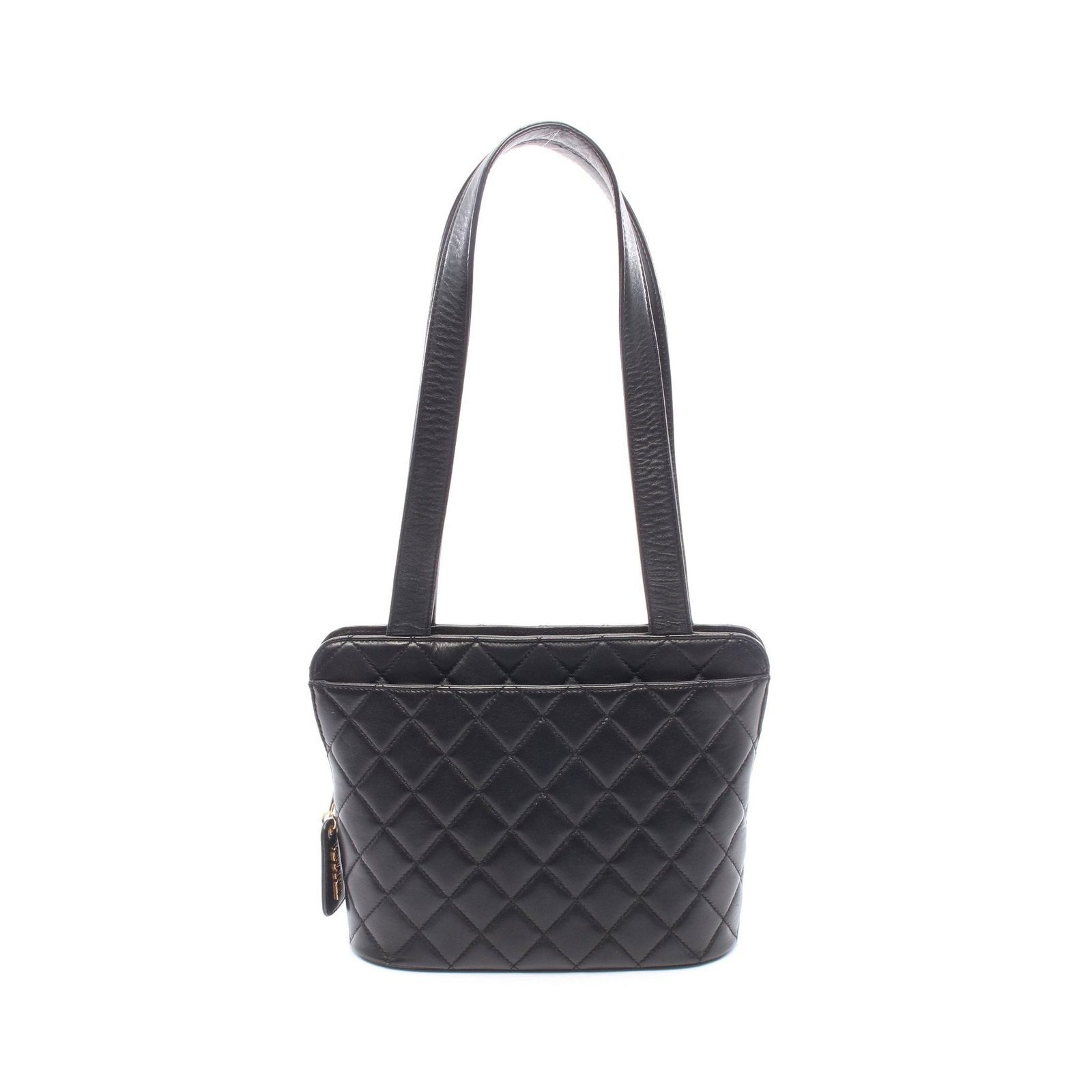 Chanel Lambskin Shoulder Bag Black: Authentic and authenticated Chanel Matelasse shoulder bag in black lambskin with gold hardware. Approx. 20.5H x 28/25W x 10D cm with 64.5 cm strap and 30 cm max drop. Includes serial seal.