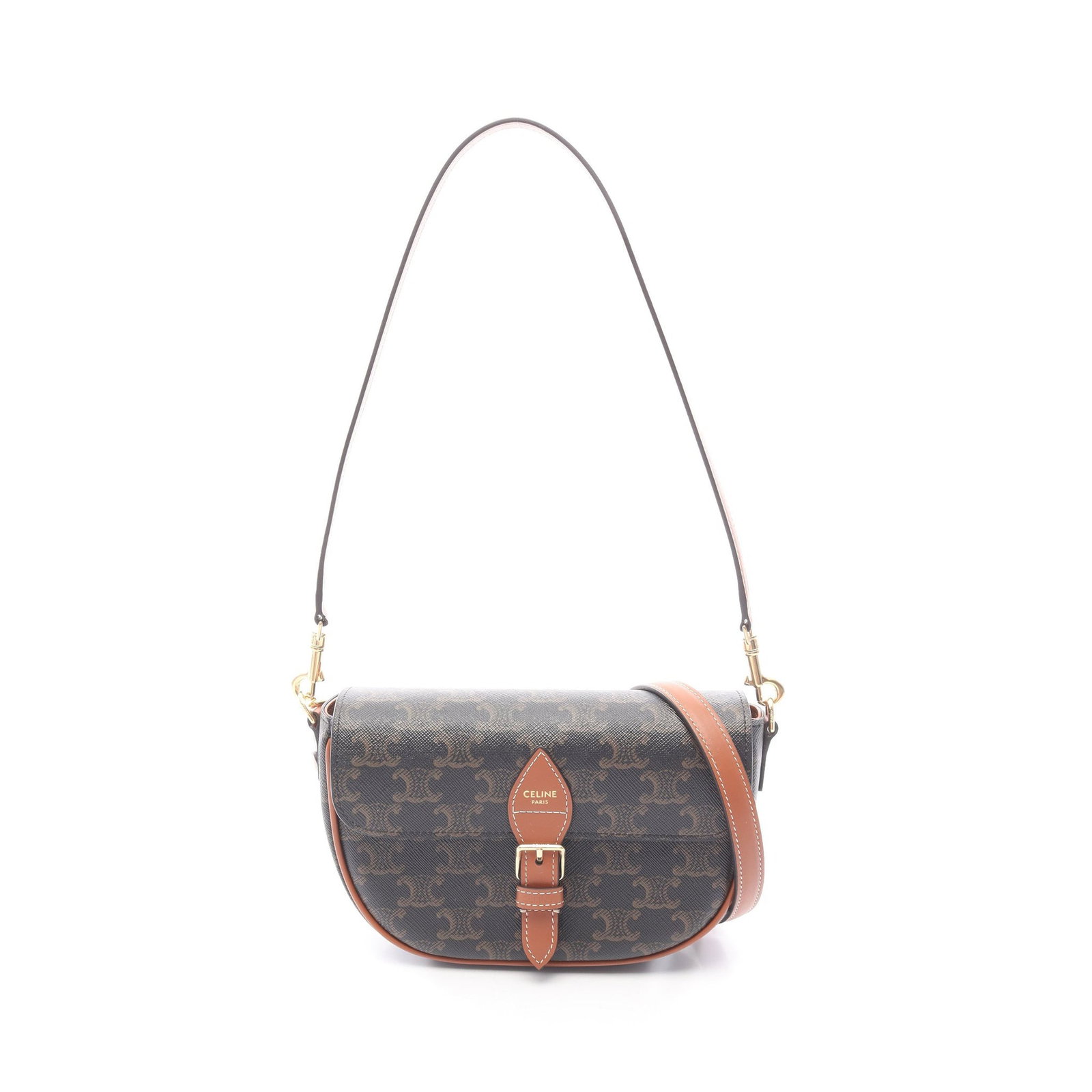 Celine Folco Triomphe 2WAY Bag: Authentic and authenticated Celine Folco Triomphe 2WAY shoulder bag in black and brown PVC leather. Model 122652GTL04LU. Approx. 13H x 20/17W x 4.5D cm with short and long strap options.