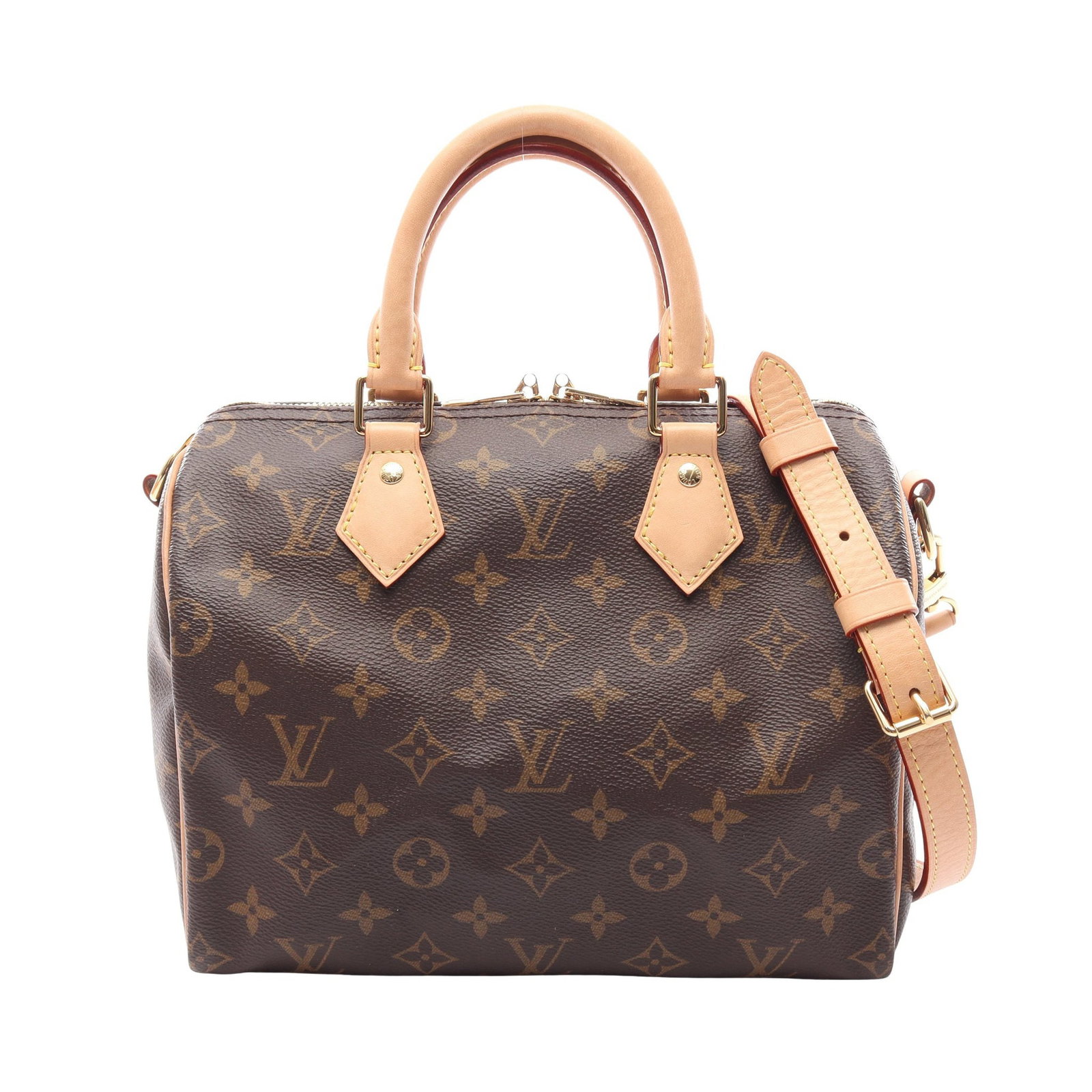 LV Speedy Bandouliere 25 Monogram: Authentic and authenticated Louis Vuitton Speedy Bandouliere 25 Monogram 2WAY handbag in brown PVC leather. Model M46977 with RFID. Approx. 19H x 25/26W x 15D cm. Includes strap, padlock, and 2 keys.