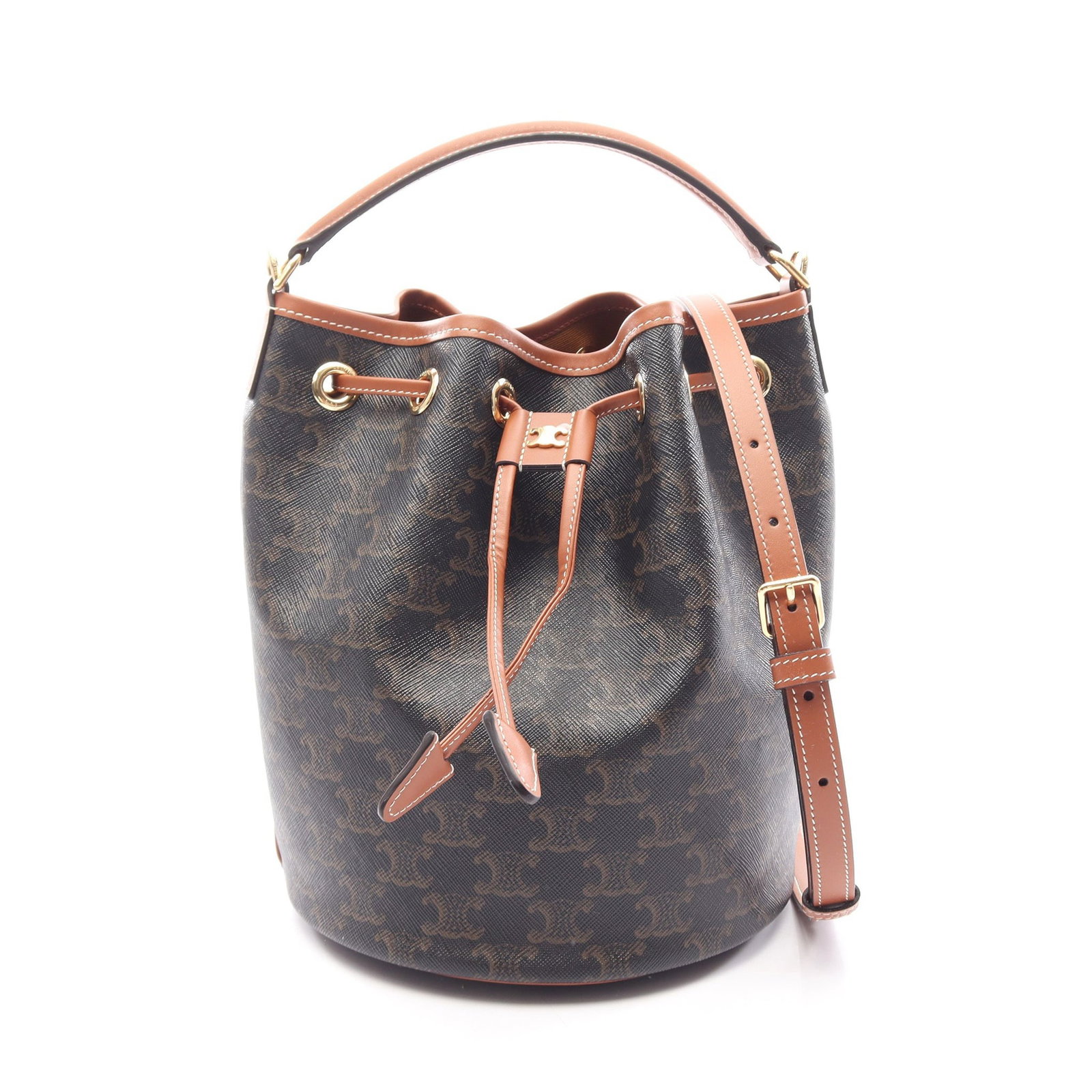 Celine Clara Triomphe 2WAY Bag: Authentic and authenticated Celine Clara Triomphe 2WAY handbag in black and brown PVC leather. Model 116882FQM04LU. Approx. 24H x 20W x 20D cm with 24 cm handle and 90-102 cm strap. Includes storage b