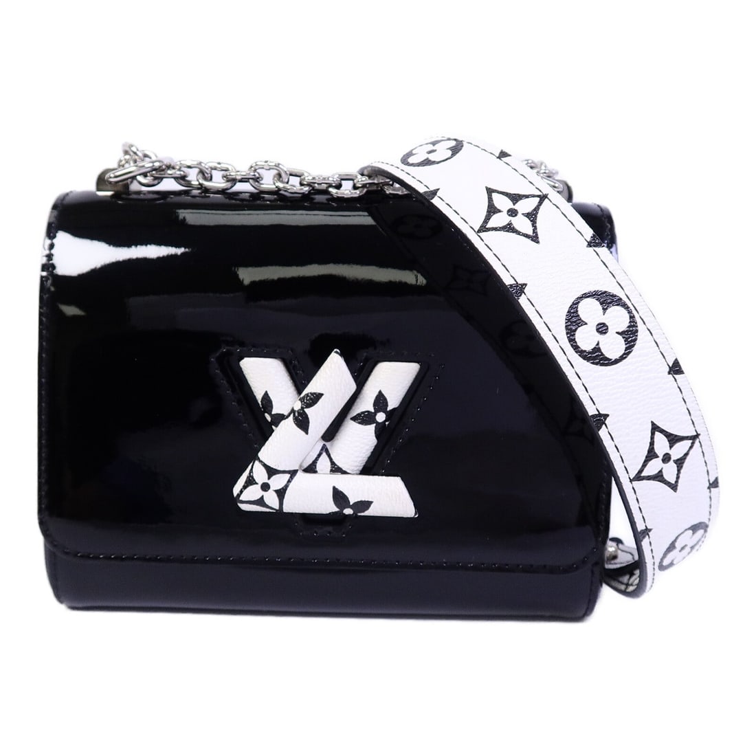 LV Twist PM Patent Shoulder Bag: Authentic and authenticated Louis Vuitton Twist PM shoulder bag in black patent leather. Product no. SR4137. Approx. 18.5W x 14.5H x 9D cm with 65-116 cm strap.