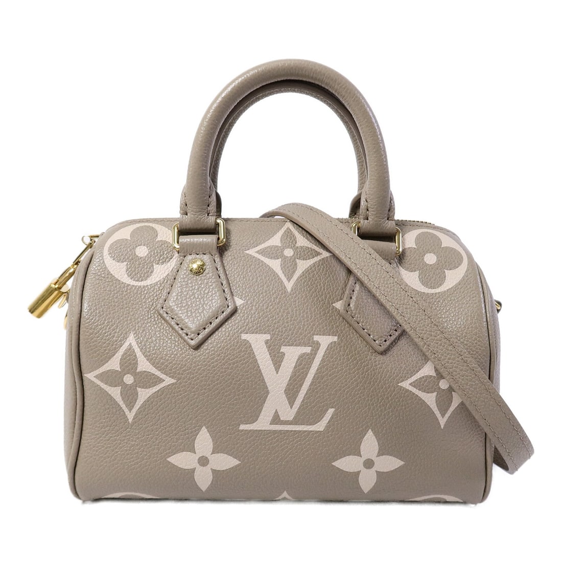 LV Bandouliere 20 Empreinte Beige: Authentic and authenticated Louis Vuitton Bandouliere 20 2 Way bag in beige and grey cream Monogram Empreinte calfskin. Approx. 20.5W x 13.5H x 12D cm with 24 cm handle. Includes box, storage bags,