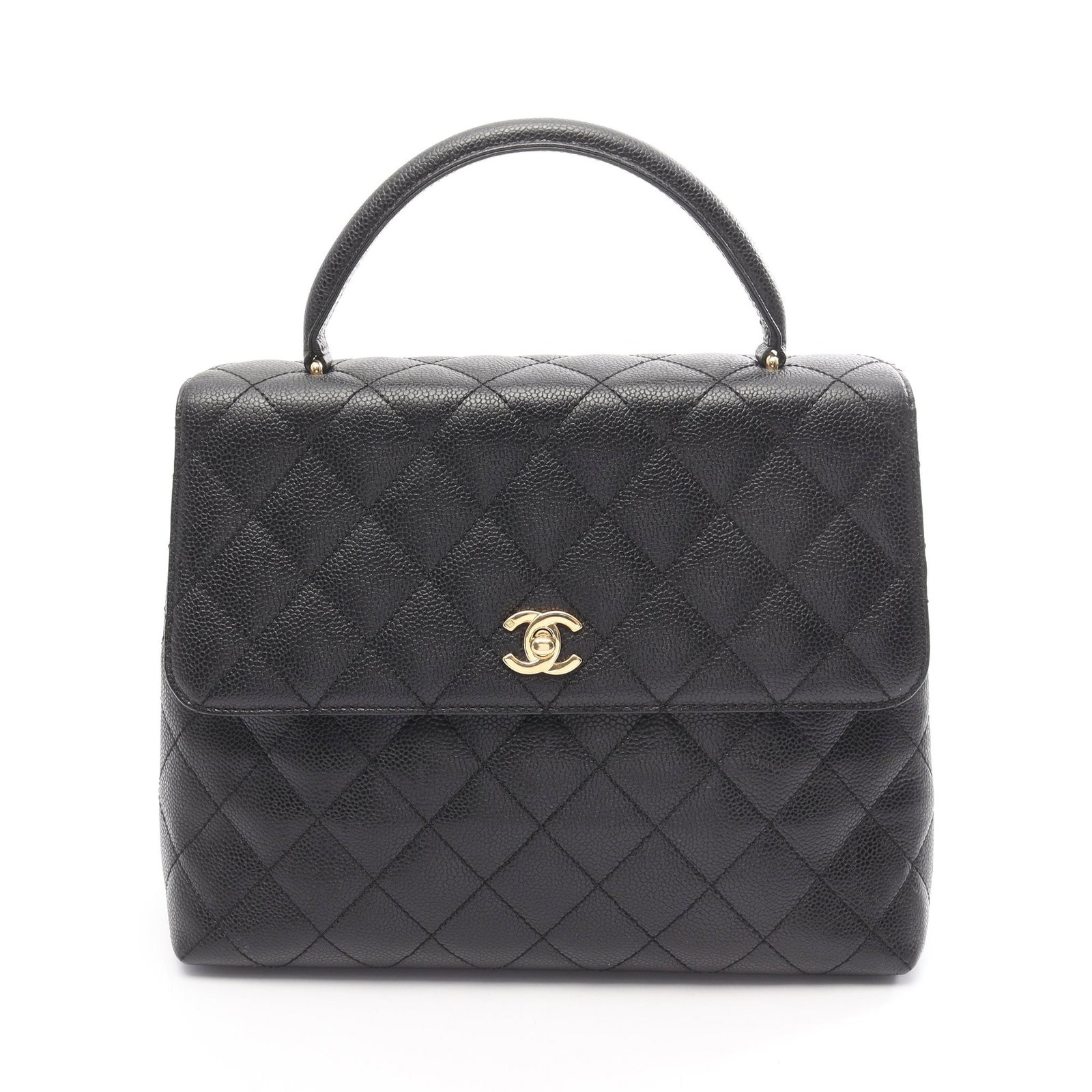 Chanel Matelasse Handbag Black: Authentic and authenticated Chanel Matelasse handbag in black caviar skin with gold hardware. Model A12397. Approx. 23H x 27/29W x 11D cm with 30 cm handle. Includes guarantee card and serial seal.