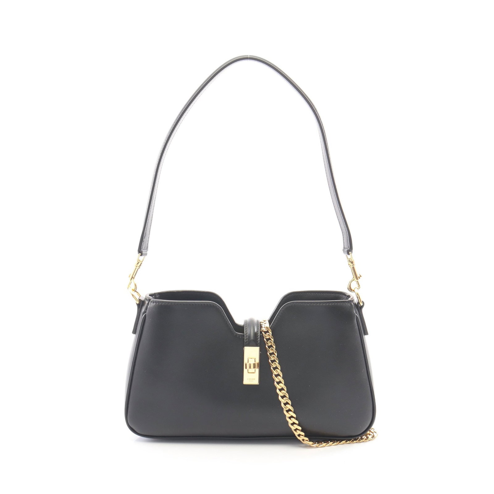 Celine Camille 16 One Shoulder Black: Authentic and authenticated Celine Camille 16 one shoulder bag in black leather. Model 122073FX938NO. Approx. 12H x 22/26W x 4D cm with 56 cm strap. Includes storage bags and chain shoulder strap.