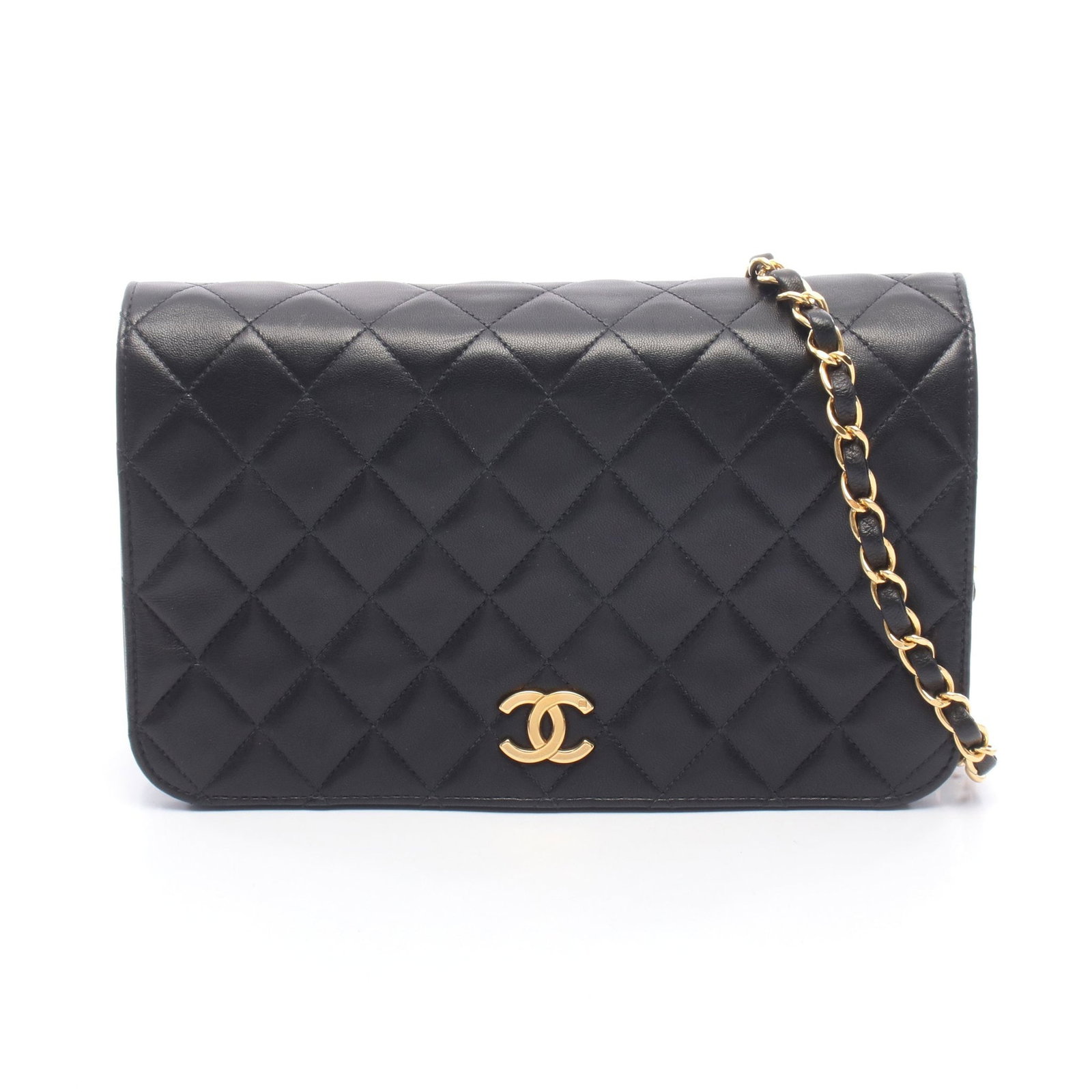 Chanel Full Flap Chain Bag Black: Authentic and authenticated Chanel Matelasse Full Flap chain shoulder bag in black lambskin with gold hardware. Model A03568. Approx. 14H x 23.5W x 6D cm with 87 cm strap. Includes guarantee card and