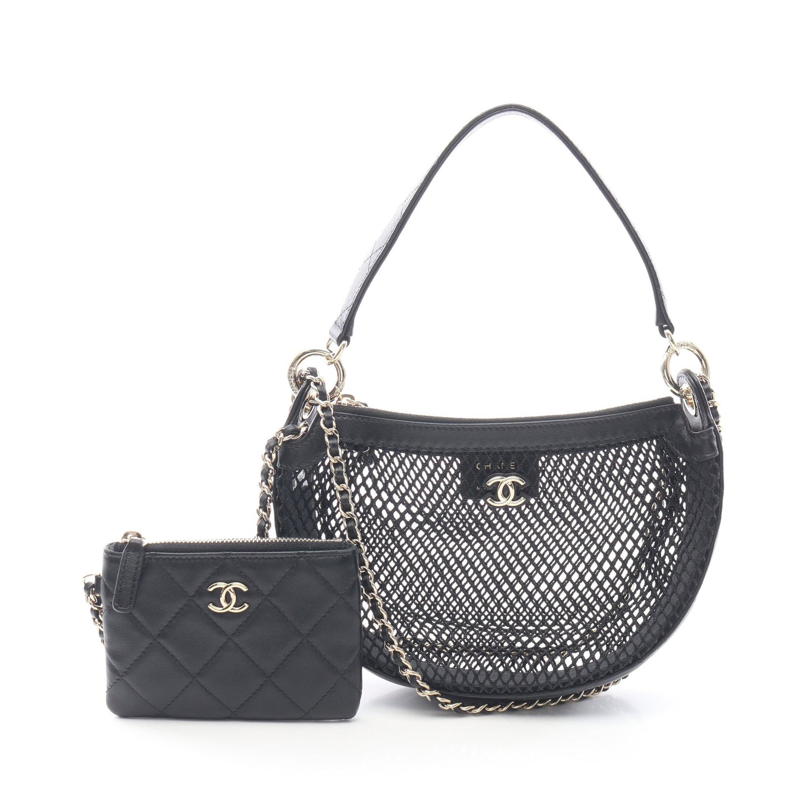 Chanel Coco Mark Mesh 2WAY Black: Authentic and authenticated Chanel Coco Mark 2WAY handbag in black mesh lambskin with gold hardware. Approx. 14H x 22W x 5D cm with 35 cm handle and 109 cm strap. Includes serial seal and pouch.