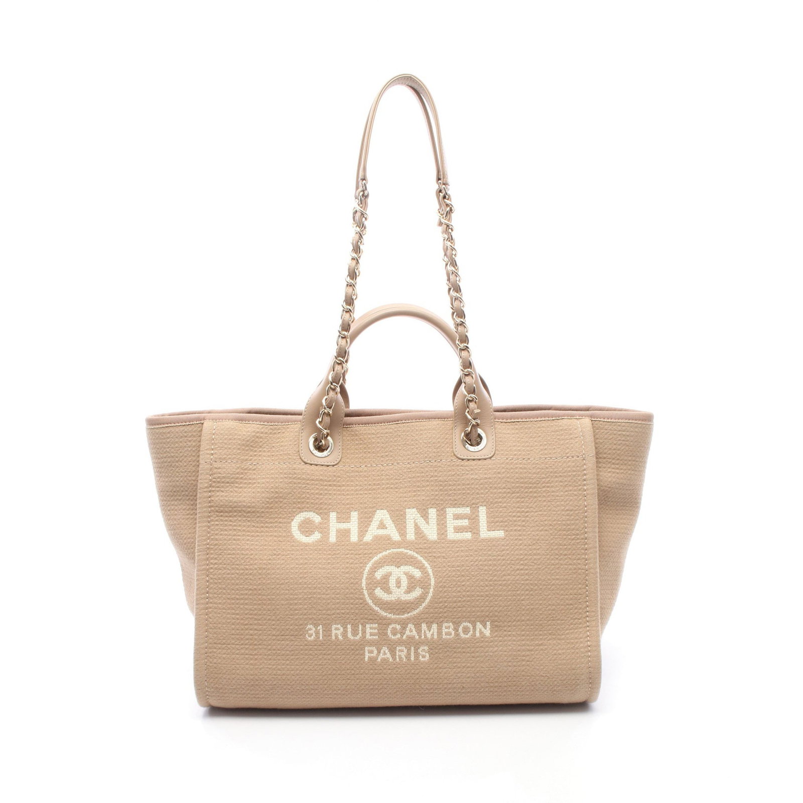 Chanel Deauville Chain Tote Beige: Authentic and authenticated Chanel Deauville chain tote bag in beige canvas leather with gold hardware. Model A66941. Approx. 29H x 49/38W x 19D cm with 34 cm handle and 68 cm strap. Includes serial m
