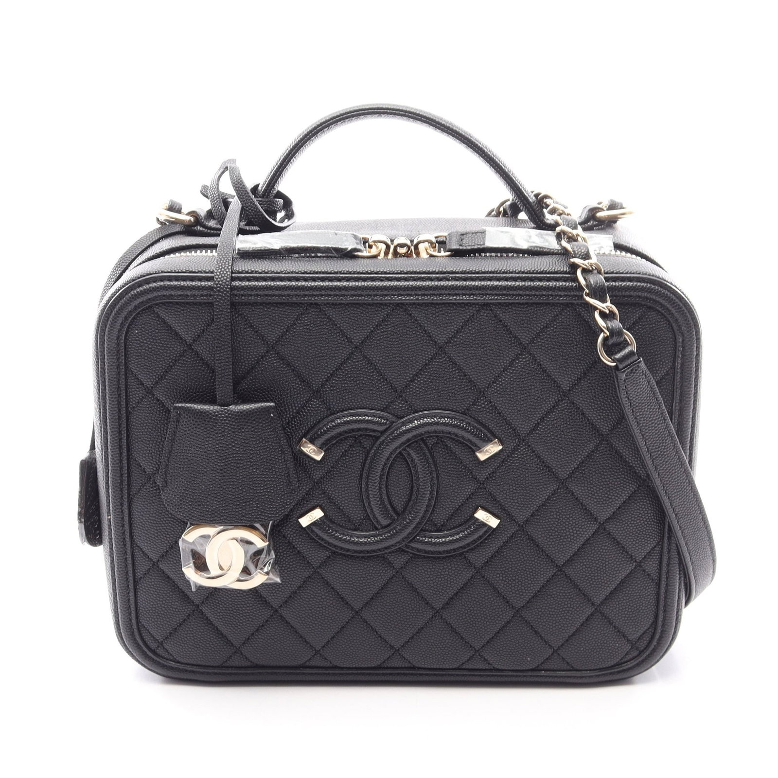 Chanel CC Filigree Vanity 2WAY: Authentic and authenticated Chanel CC Filigree Matelasse Vanity 2WAY chain shoulder bag in black caviar skin with gold hardware. Model A93344. Approx. 18H x 24W x 10D cm. Includes padlock, 2 keys,