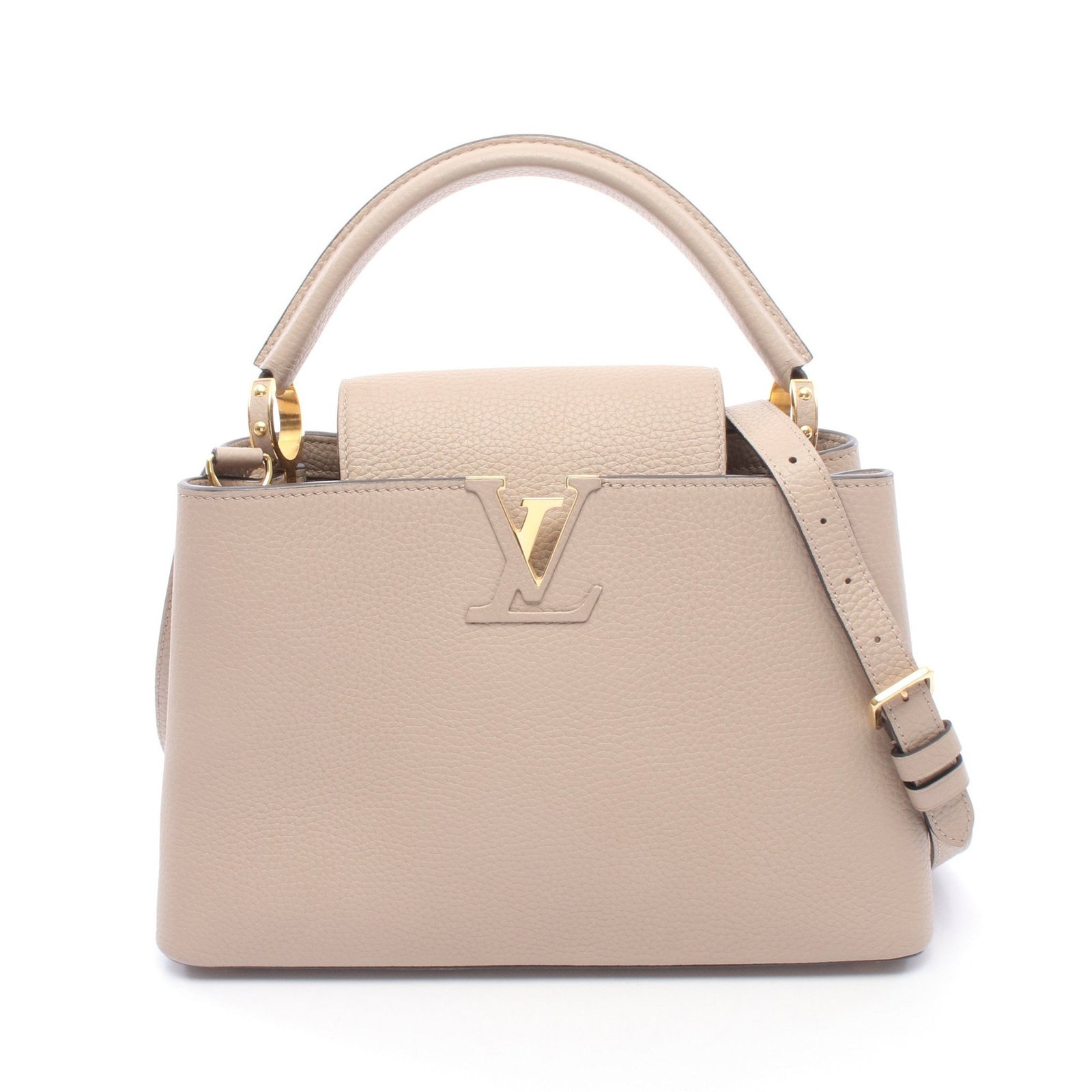 LV Capucines MM Carre Beige: Authentic and authenticated Louis Vuitton Capucines MM Carré handbag in beige Taurillon leather. Model M24745, product no. MI4136. Approx. 20H x 26/31W x 11D cm with 37 cm handle and 109-119 cm