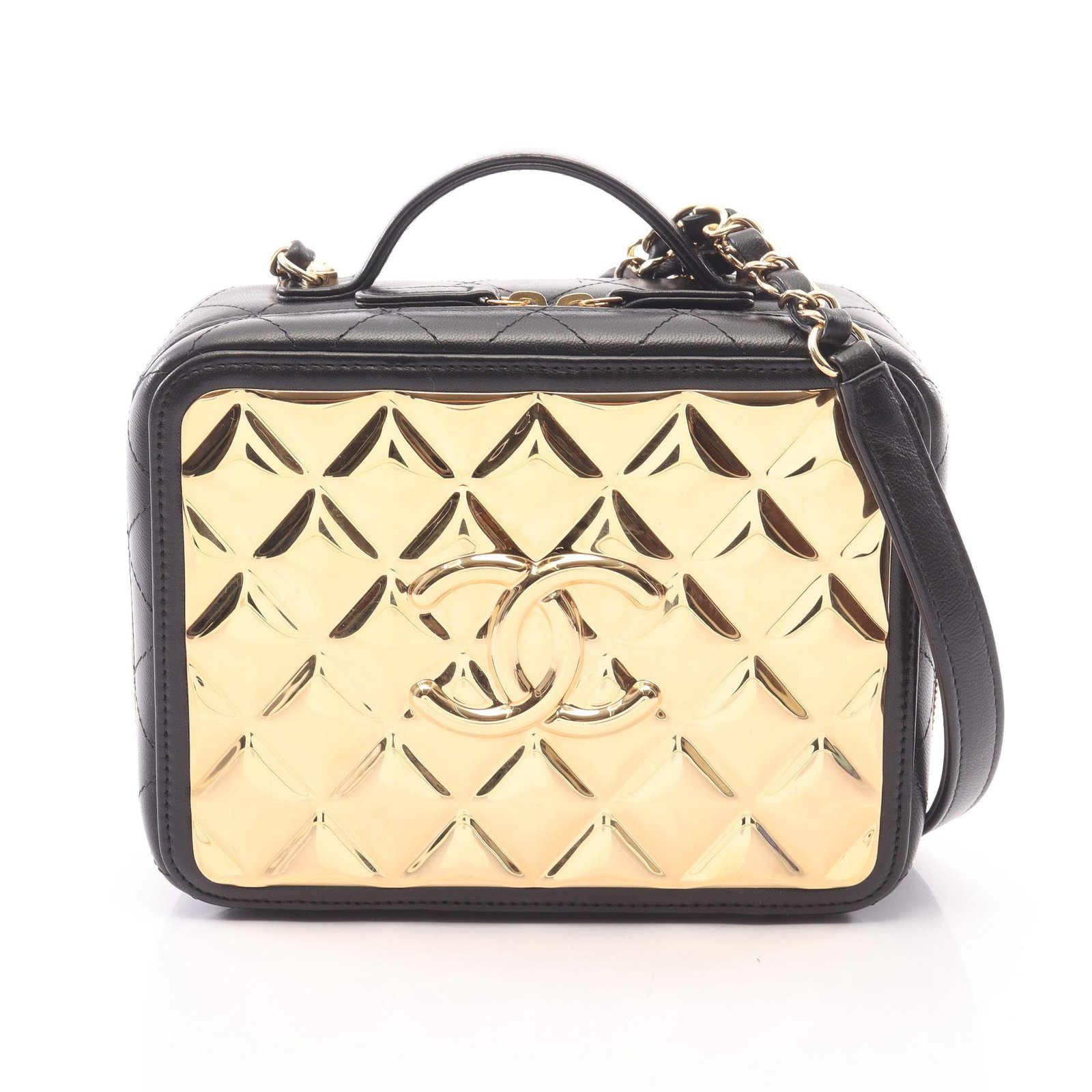 Chanel Vanity 2WAY Black Gold: Authentic and authenticated Chanel Matelasse Vanity bag 2WAY chain shoulder bag in black gold lambskin with gold hardware. Approx. 14H x 18W x 7D cm with 11 cm handle and 114 cm strap. Includes