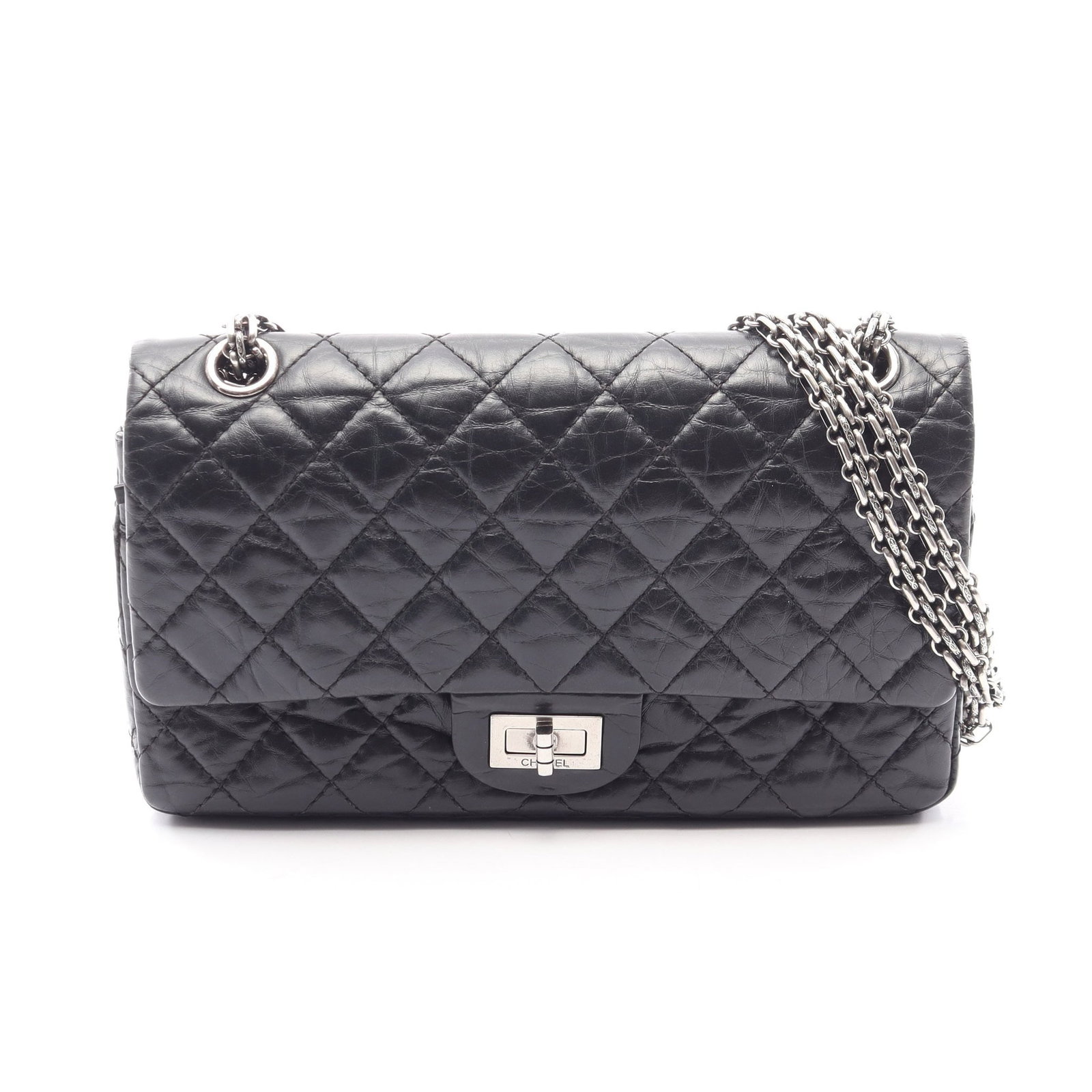 Chanel 2.55 Mademoiselle Chain Bag: Authentic and authenticated Chanel 2.55 Matelasse Mademoiselle W chain shoulder bag in black aged calfskin with silver hardware. Model A37586. Approx. 14.5H x 24W x 8D cm with double or single chain w