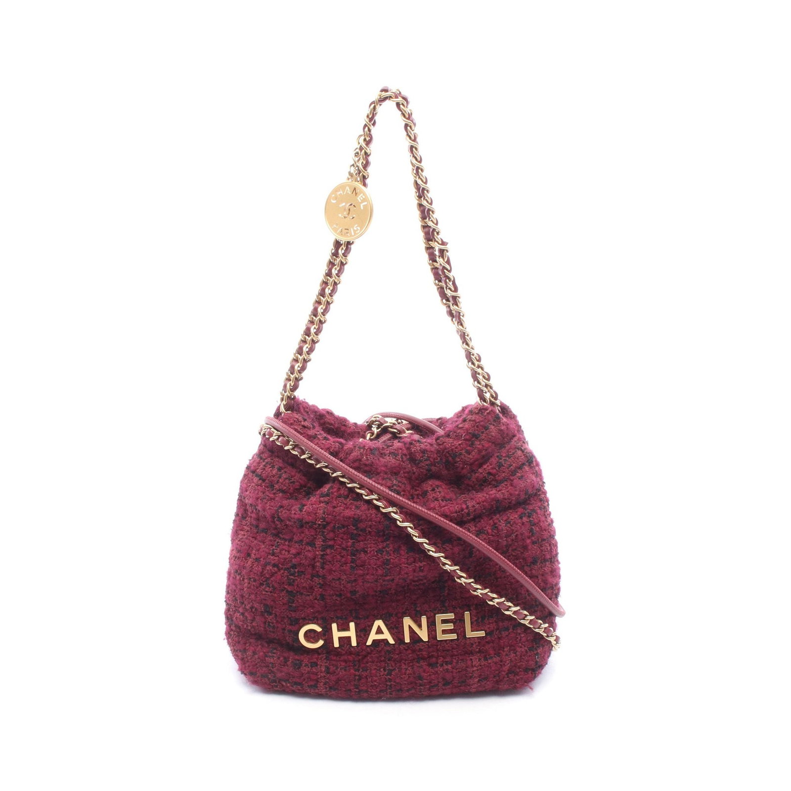 Chanel 22 Mini Tweed Bag Bordeaux: Authentic and authenticated Chanel 22 Mini chain shoulder bag in bordeaux and black tweed leather with gold hardware. Model AS3980. Approx. 19H x 17.5W x 6D cm with 124 cm strap and adjustable handle.