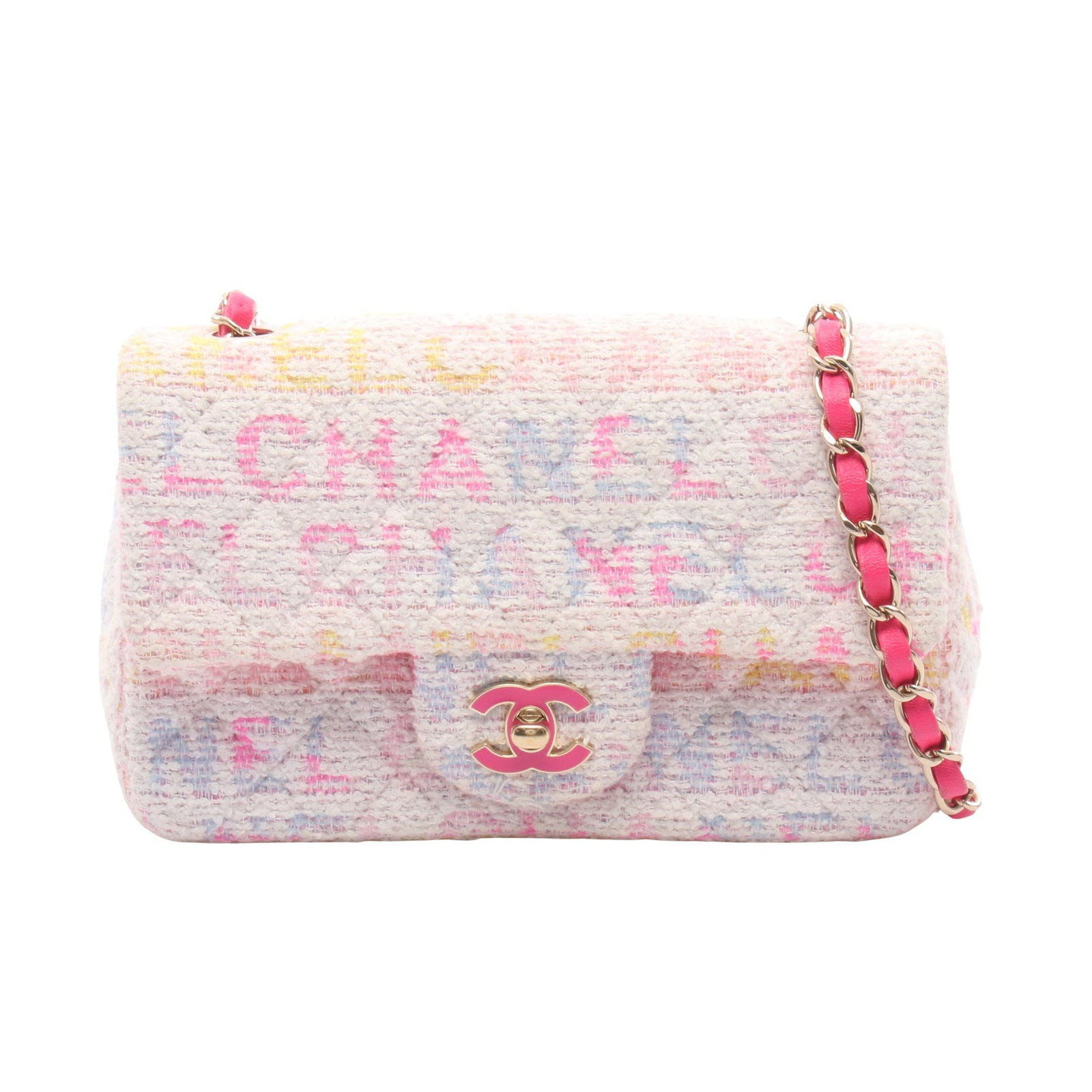Chanel Mini Matelasse Tweed White Pink: Authentic and authenticated Chanel Mini Matelasse 20 chain shoulder bag in white, pink, and multicolor tweed leather with gold hardware. Model A69900. Approx. 12H x 20W x 6.5D cm with 120 cm strap.