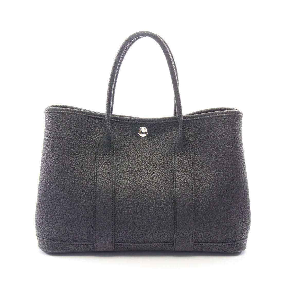Hermes Garden Party TPM Black: Authentic and authenticated Hermes Garden Party TPM tote handbag in black Negonda leather with silver hardware. Approx. 21H x 28/30W x 14D cm with 36 cm handle. C stamp.