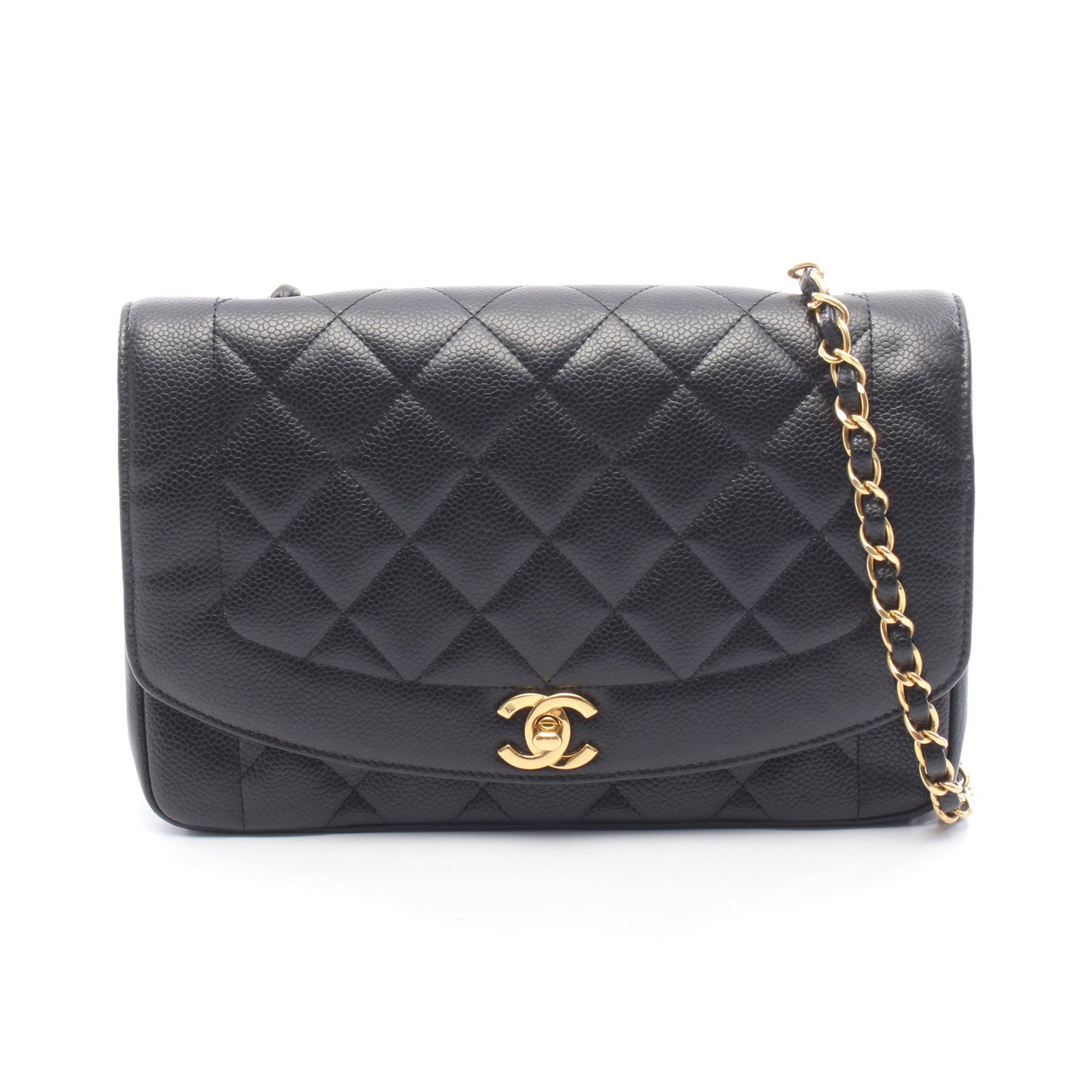 Chanel Diana Flap Caviar Black: Authentic and authenticated Chanel Matelasse Diana Flap chain shoulder bag in black caviar skin with gold hardware. Model A01165. Approx. 16H x 25W x 7D cm with 107 cm strap. Includes serial seal.