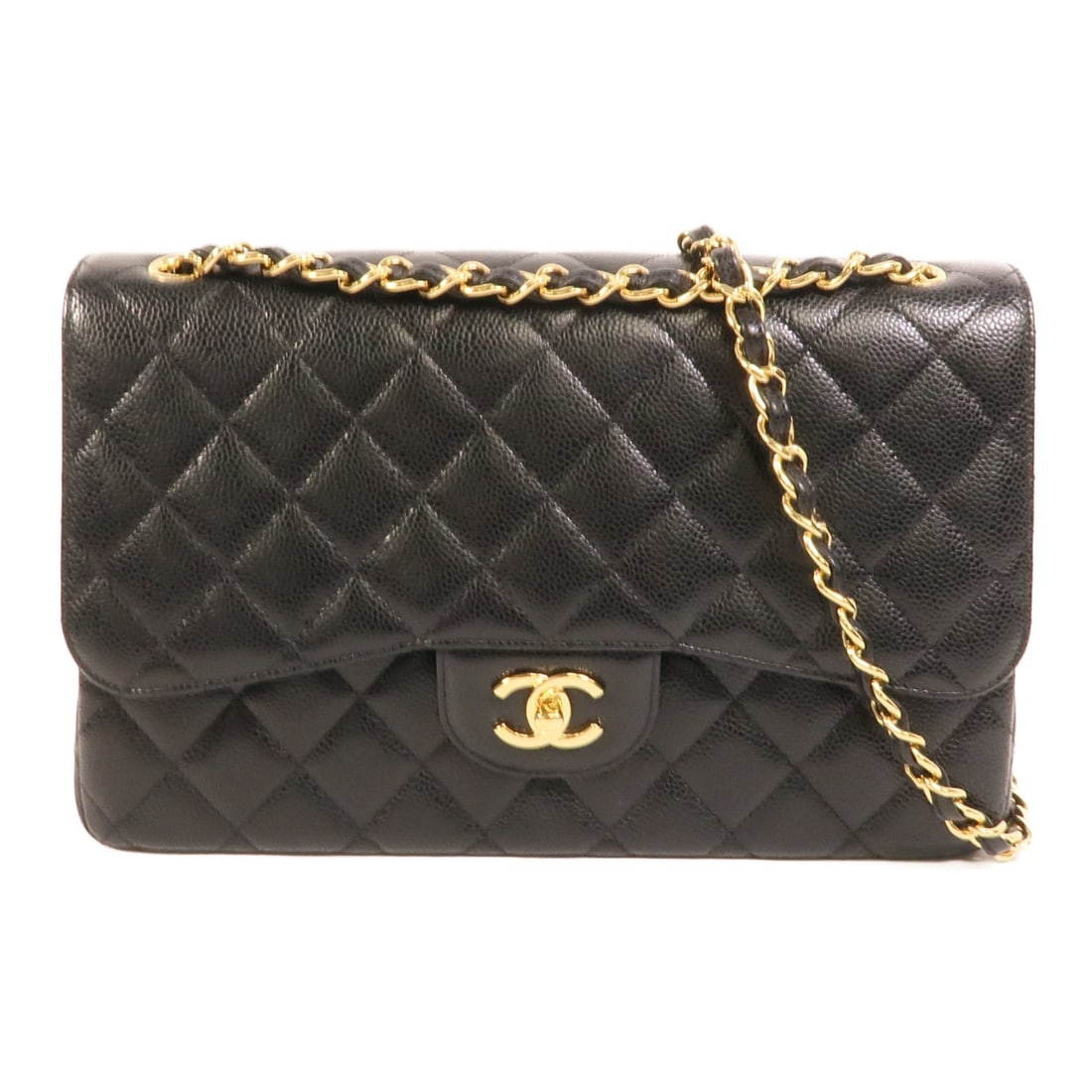 Chanel Large Classic Chain Bag Black: Authentic and authenticated Chanel Large Classic chain shoulder bag in black calfskin. Product no. T255TE5C. Approx. 30W x 21H x 9D cm with 75-126 cm strap. Includes box and storage bags.