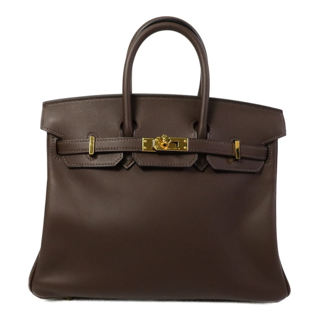 Hermes Birkin 25 Chocolat: Authentic and authenticated Hermes Birkin 25 handbag in Chocolat brown Veau Swift calfskin. Approx. 25W x 20H x 13D cm with 25 cm handle. Includes storage bags, clochette, key, and cadena.