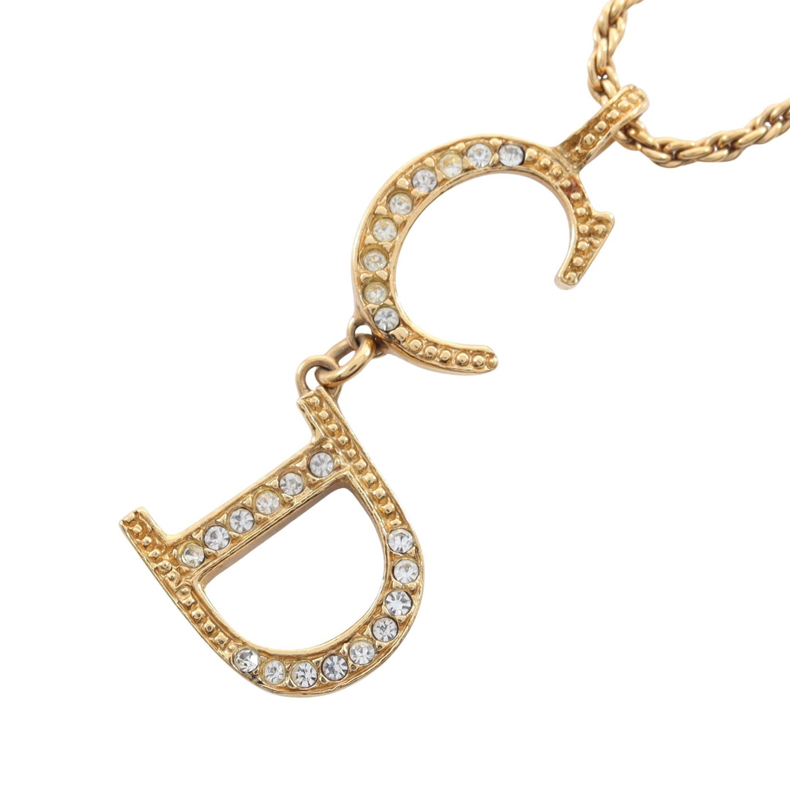 Dior CD GP Gold Necklace: CD logo necklace in gold plated finish with clear rhinestones.