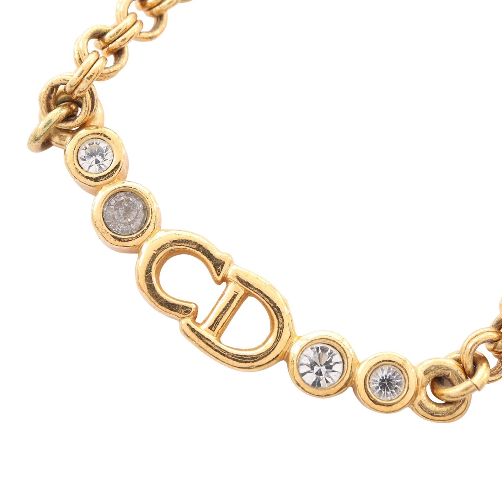 Dior CD GP Gold Necklace: CD logo necklace in gold plated finish with clear rhinestones.