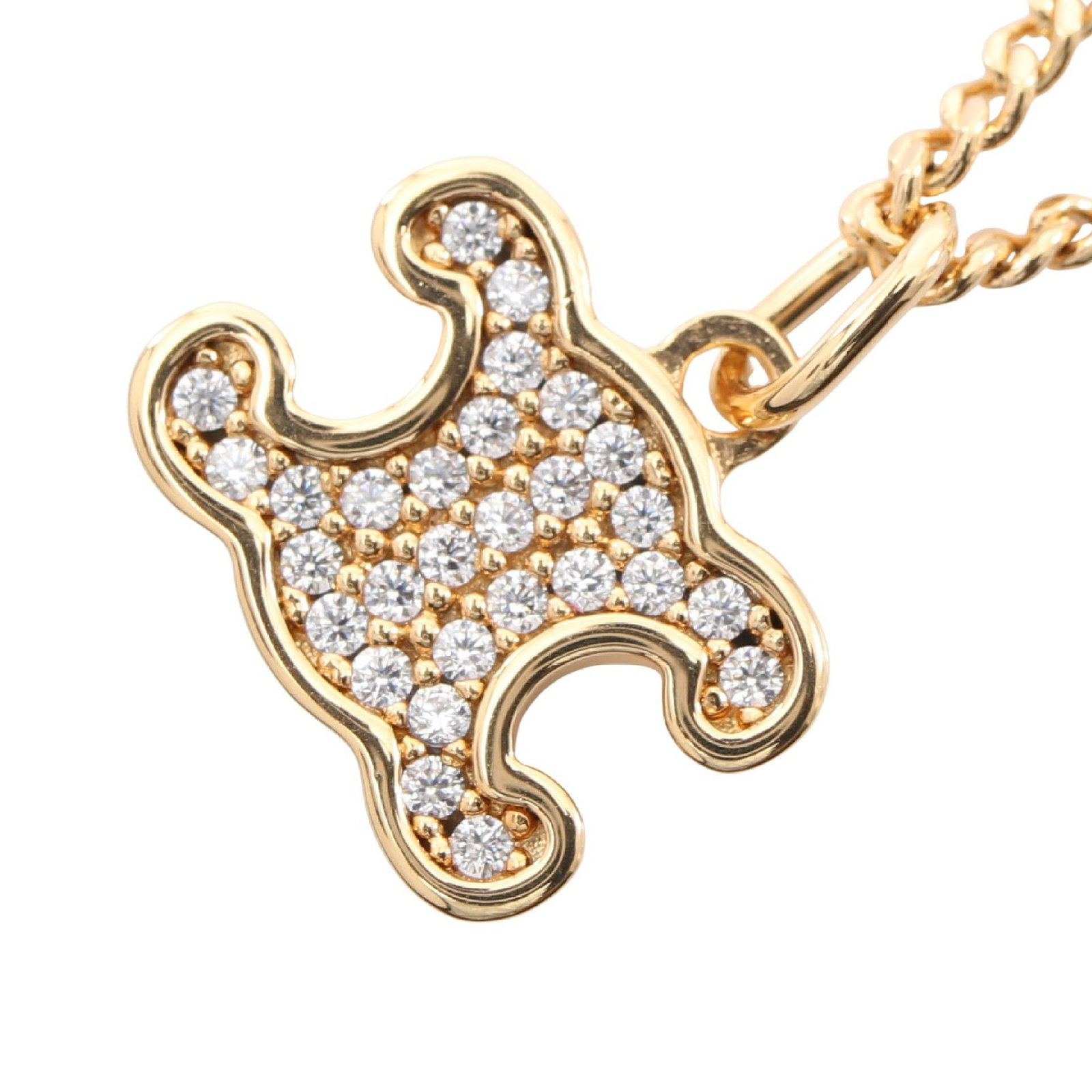 Celine Triomphe GP Necklace: Celine Triomphe necklace in GP with rhinestone, gold/clear. Listed price 75,455.00. Real and authenticated.