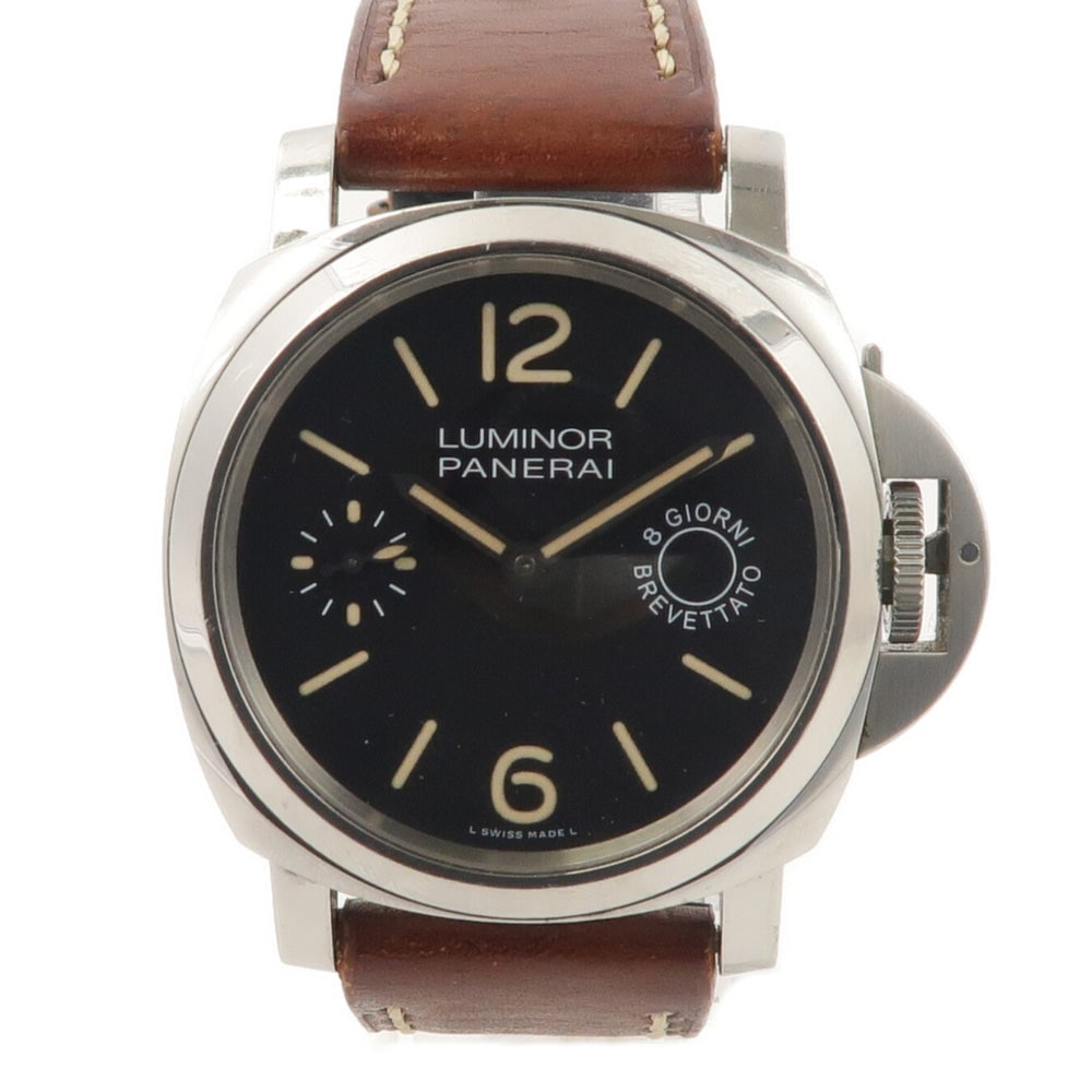 Panerai Luminor Base PAM00112 Manual: Manual Luminor Base PAM00112 in stainless steel with rubber belt and black dial. Case 44mm, wrist 14-20cm, band 21-24mm.
