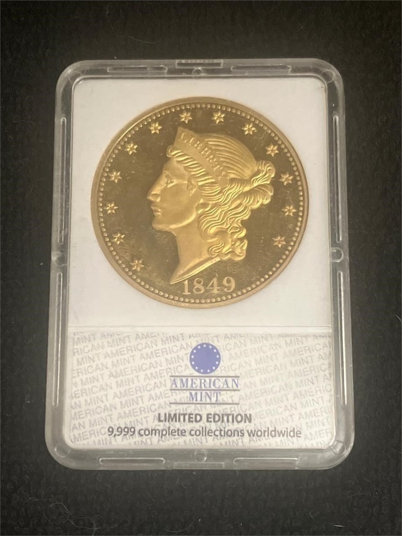 1849 Liberty Head Double Eagle Replica-Proof: This commemorative coin, issued by The American Mint, is a replica of the 1849 Liberty Head Double Eagle. Released in 2012 as part of a limited edition of 9,999 complete collections, it is struck in