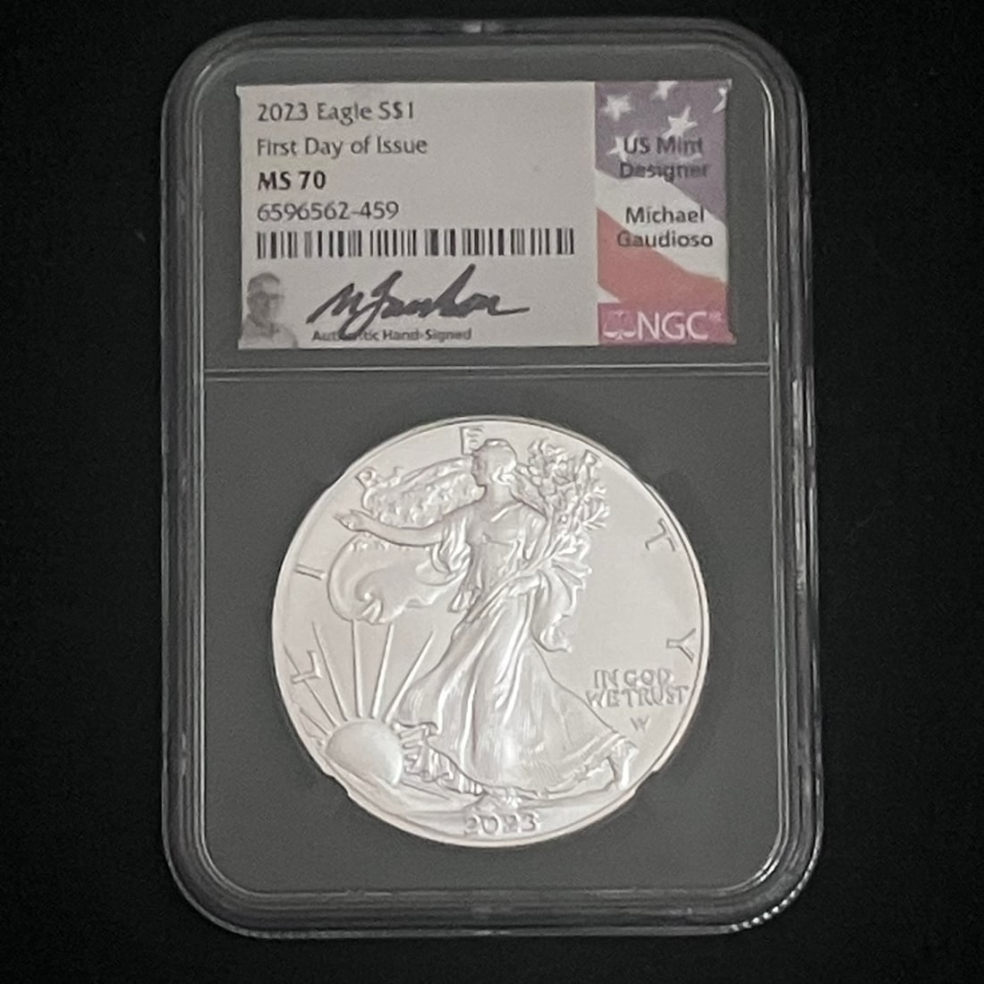 2023-W Silver Eagle NGC MS70: Mint 2023-W American Silver Eagle $1 - 1 oz Fine Silver Coin NGC MS70 First Day of IssueCondition Notes: NGC graded MS 70; slabbed/encapsulatedIdentifiers / Markings Seen: "2023 Eagle S$1," "First