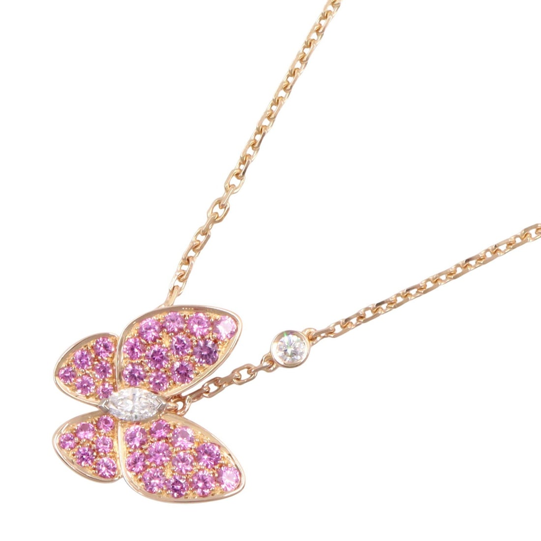 VCA Pink Sapphire Diamond Necklace: Pink gold, clear, and pink Depapillon necklace in K18PG with diamond and pink sapphire; includes repair certificate; length 38-42.5cm; charm 1.5 x 1.5cm.