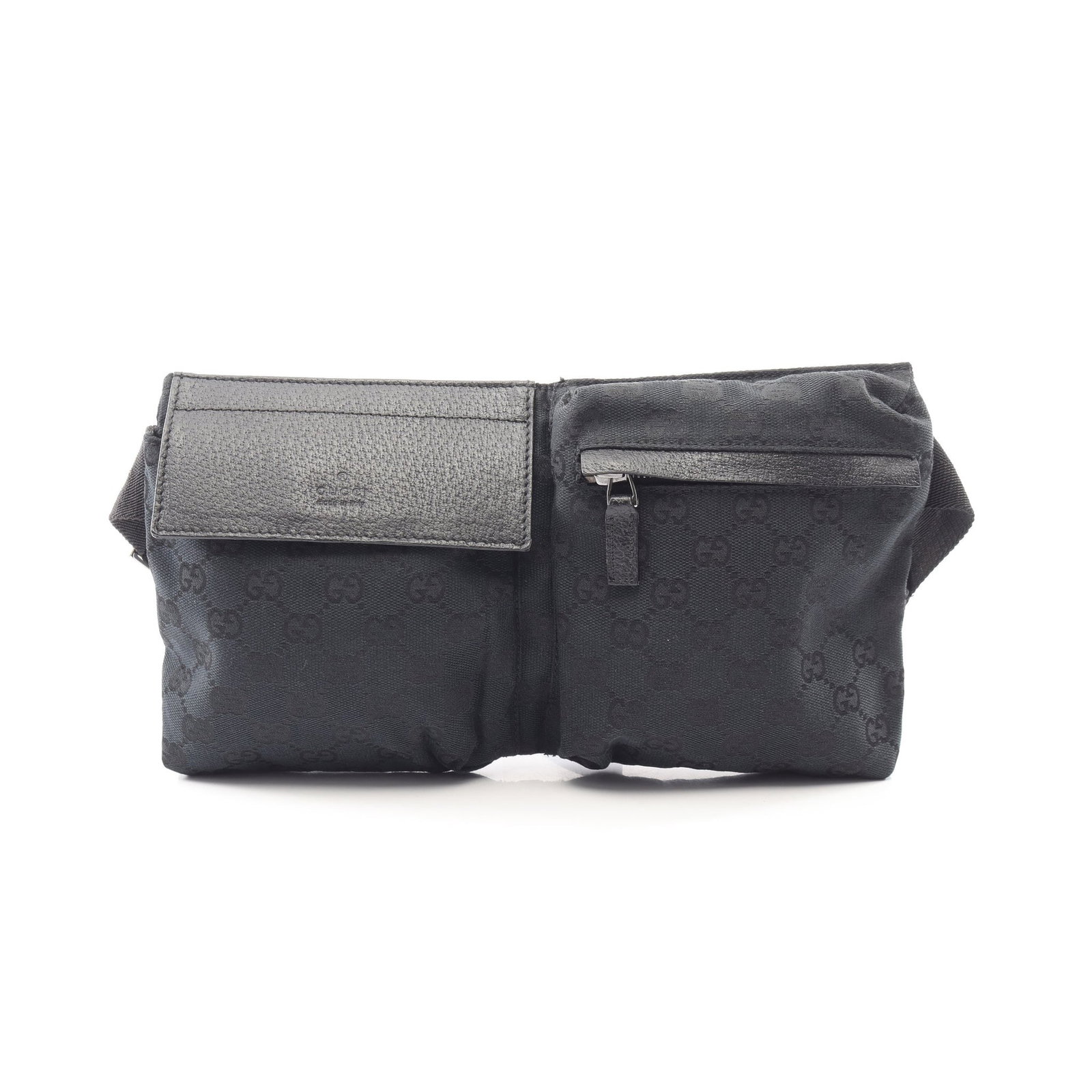 Gucci GG Canvas Belt Bag Black: Black GG canvas body waist bag in canvas and leather, model 28566. Size: H16 x W29 x D2.5 cm; strap 53-88 cm.
