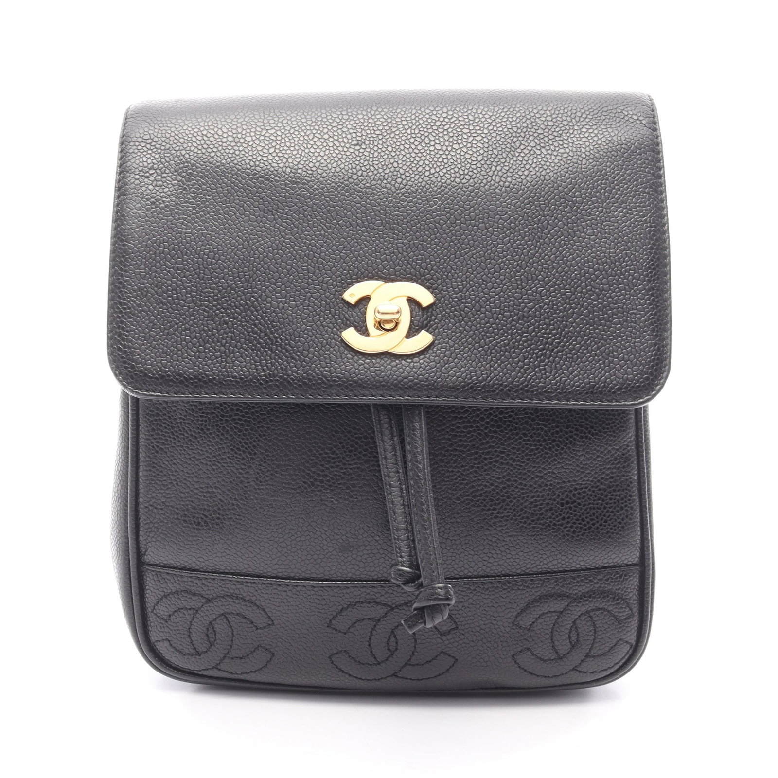 Chanel Triple Coco Mark Backpack Black: Black Triple Coco Mark backpack in caviar skin with gold hardware. Accessories: serial seal. Serial: **7*****. Size: H23 x W21-20 x D9 cm; strap 76 cm.