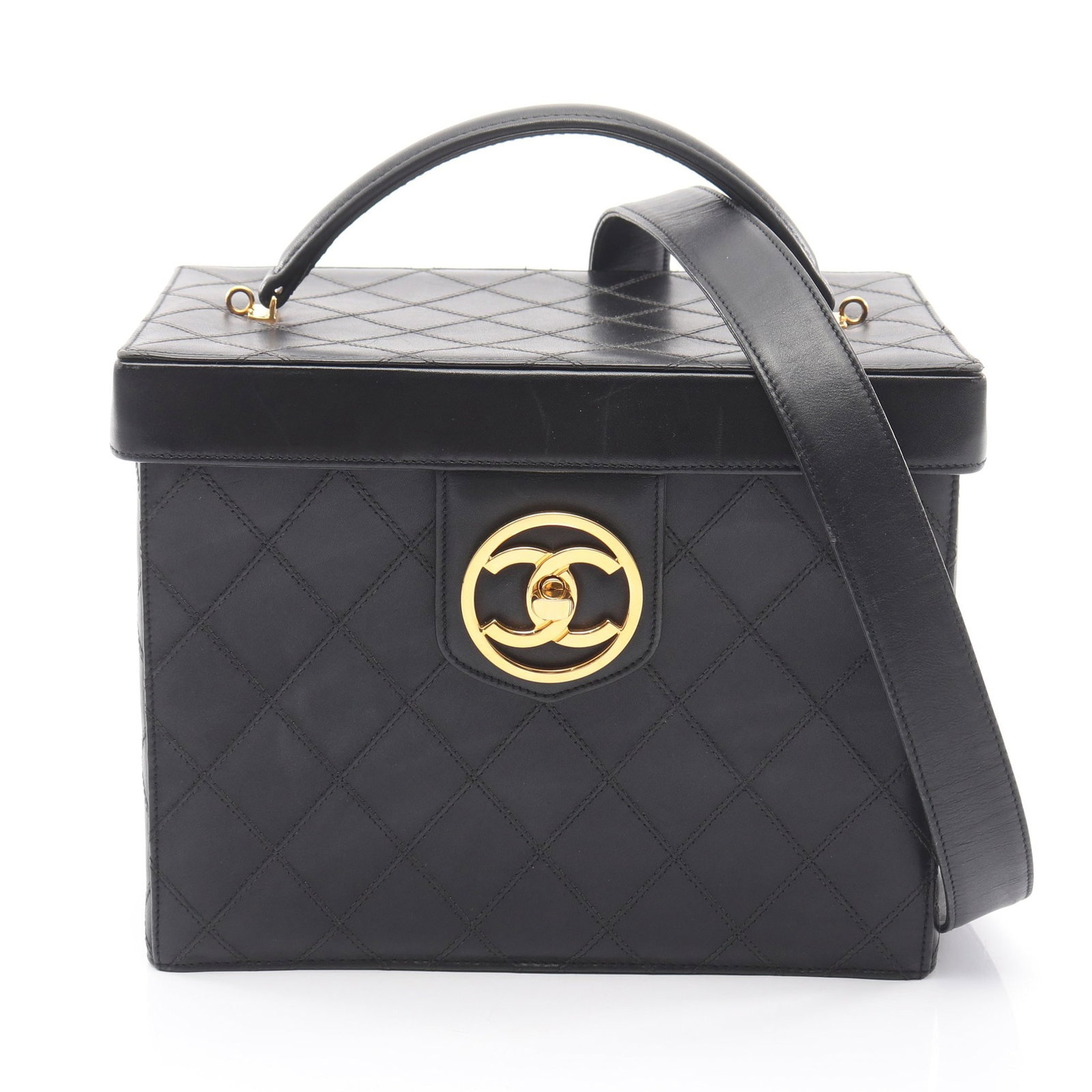Chanel Bicolore Vanity 2Way Black GHW: Black Bicolore Coco Mark vanity bag with mirror in lambskin with gold hardware, model A01620. Accessories: shoulder strap, serial seal. Serial: 268****. Size: H18 x W23.5-22 x D13 cm; handle 22 cm;