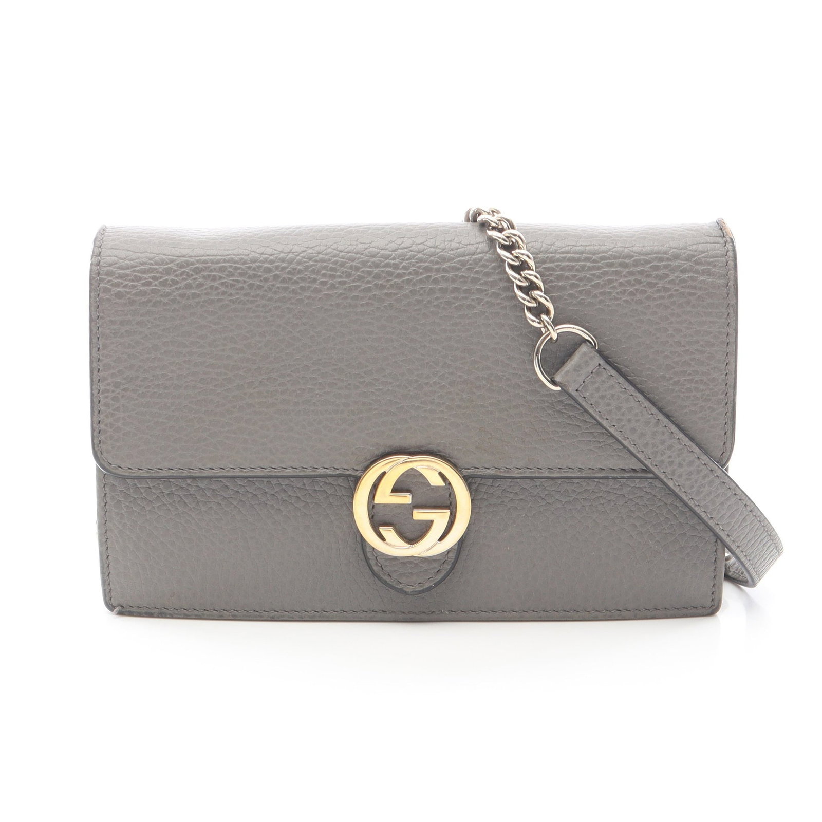 Gucci Interlocking G Chain Wallet Gray: Gray Interlocking G chain wallet in leather, model 510314. Size: H12 x W19 x D3 cm; strap 124 cm.