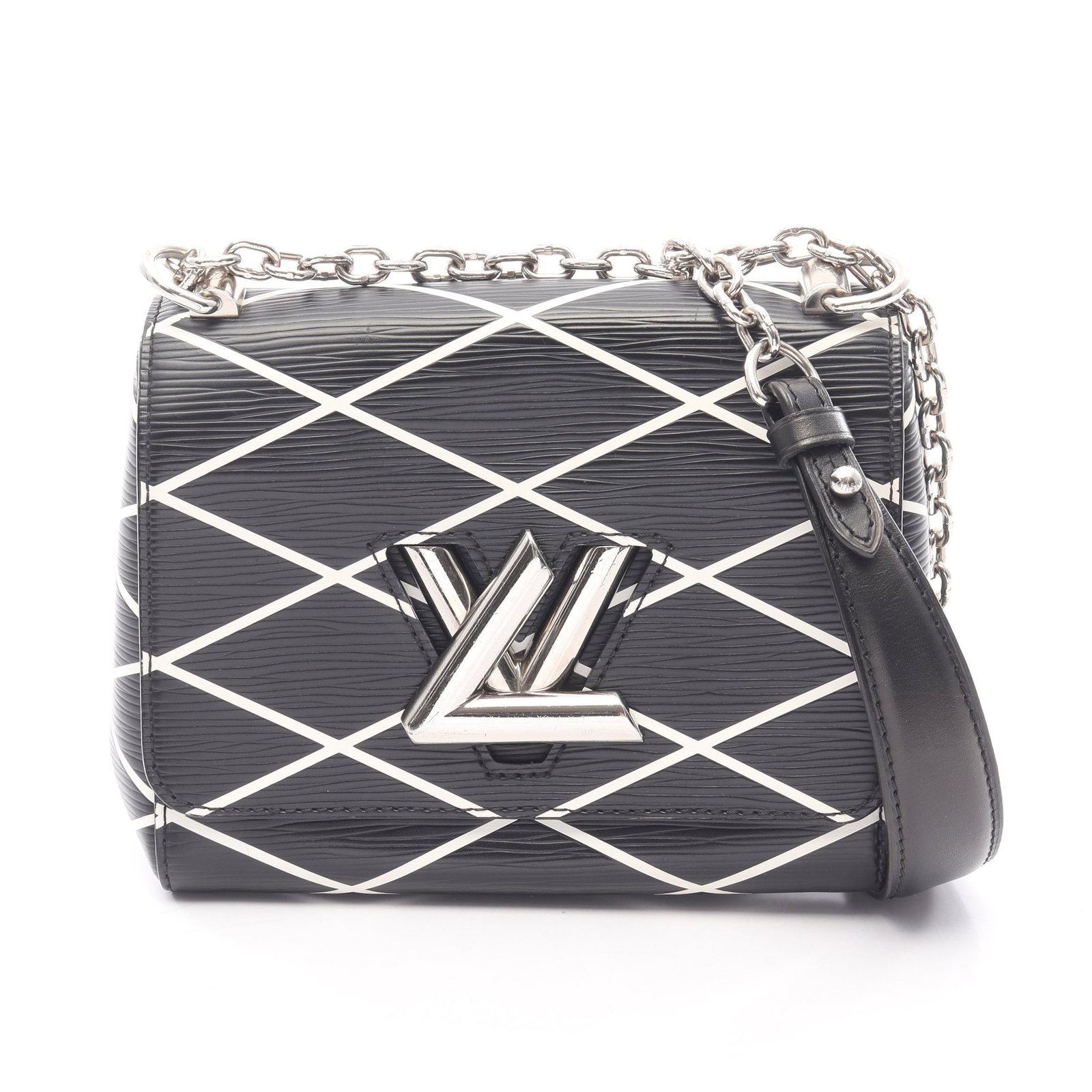 Louis Vuitton Twist PM Epi Black White: Black white Twist PM chain shoulder bag in leather, model M50525. Accessories: mirror. Product no.: SR2136. Size: H14.5 x W18.5 x D8.5 cm; double strap 70 cm, single 119 cm, double drop 31 cm.