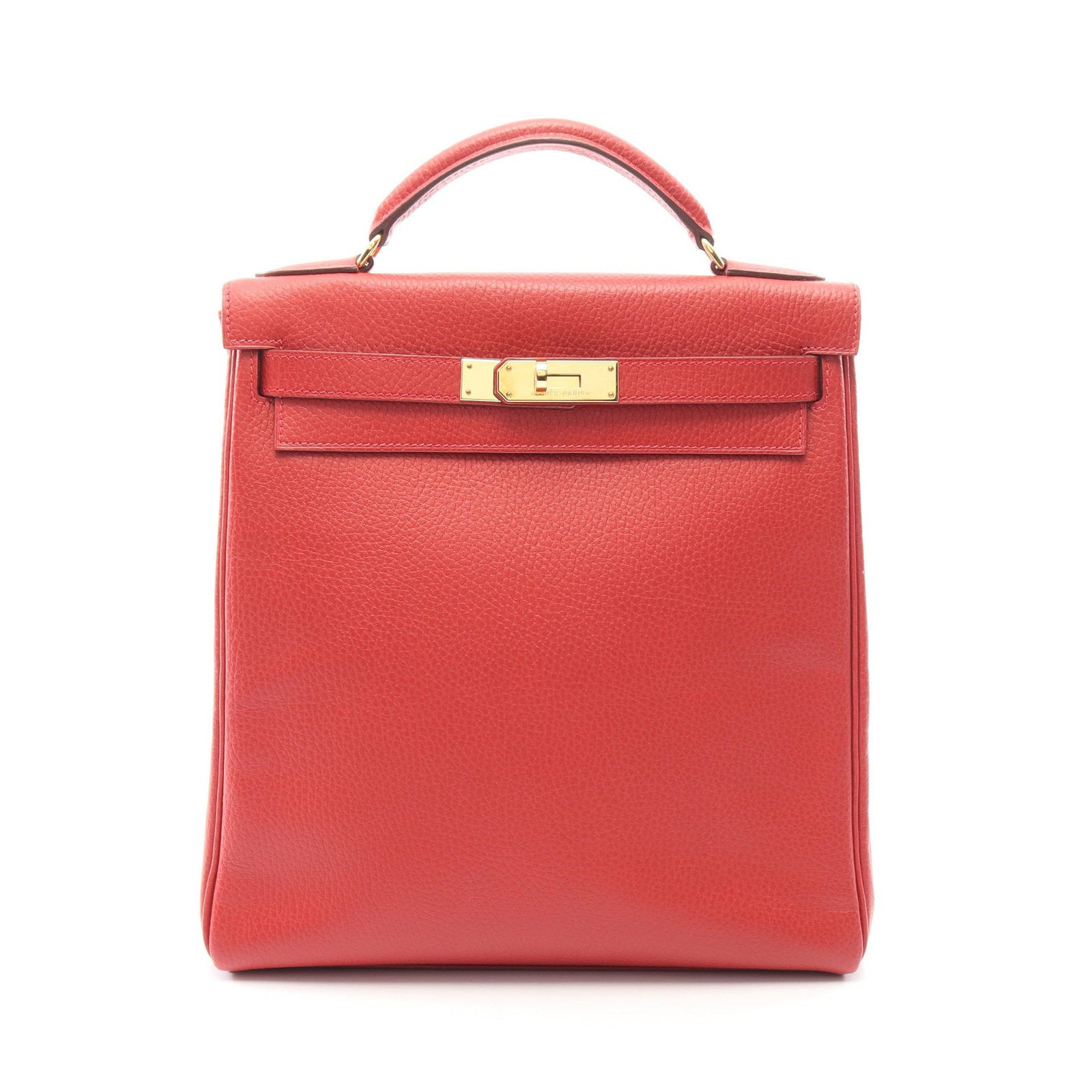 Hermes Kelly Ad GM Backpack Red GHW: Red Kelly Ad GM Vermilion inner stitch backpack in Ardennes leather with gold hardware. Accessories: 2 keys, crochet, padlock. Product no.: ?I stamp (manufactured around 2005). Size: H28 x W25-26.5 x 