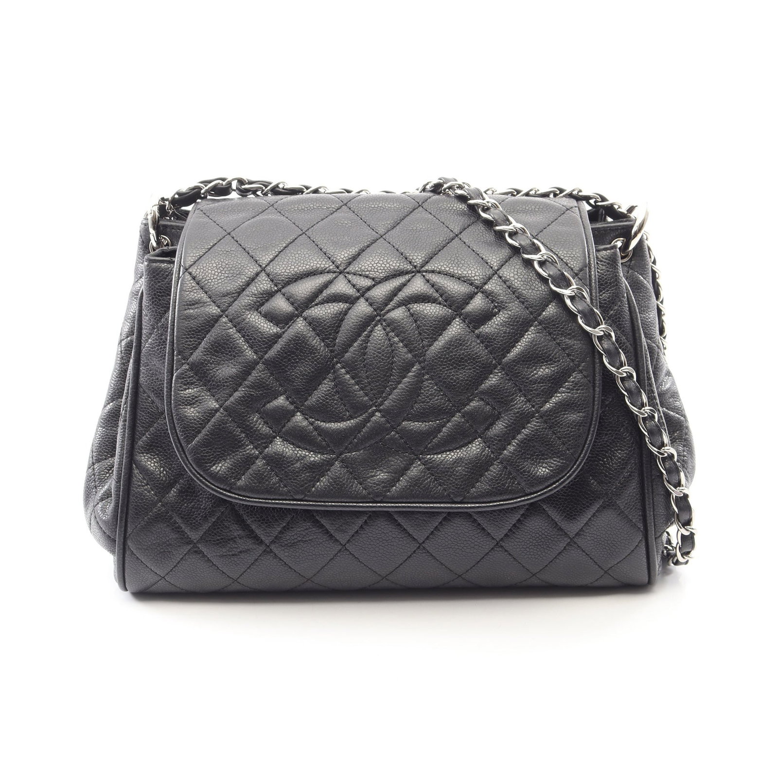 Chanel Matelasse Chain Caviar Black SHW: Black Matelasse chain shoulder bag in caviar skin with silver hardware. Accessories: guarantee card, serial seal. Serial: 127*****. Size: H24 x W29-30 x D12 cm; double strap 57 cm, single 90 cm,