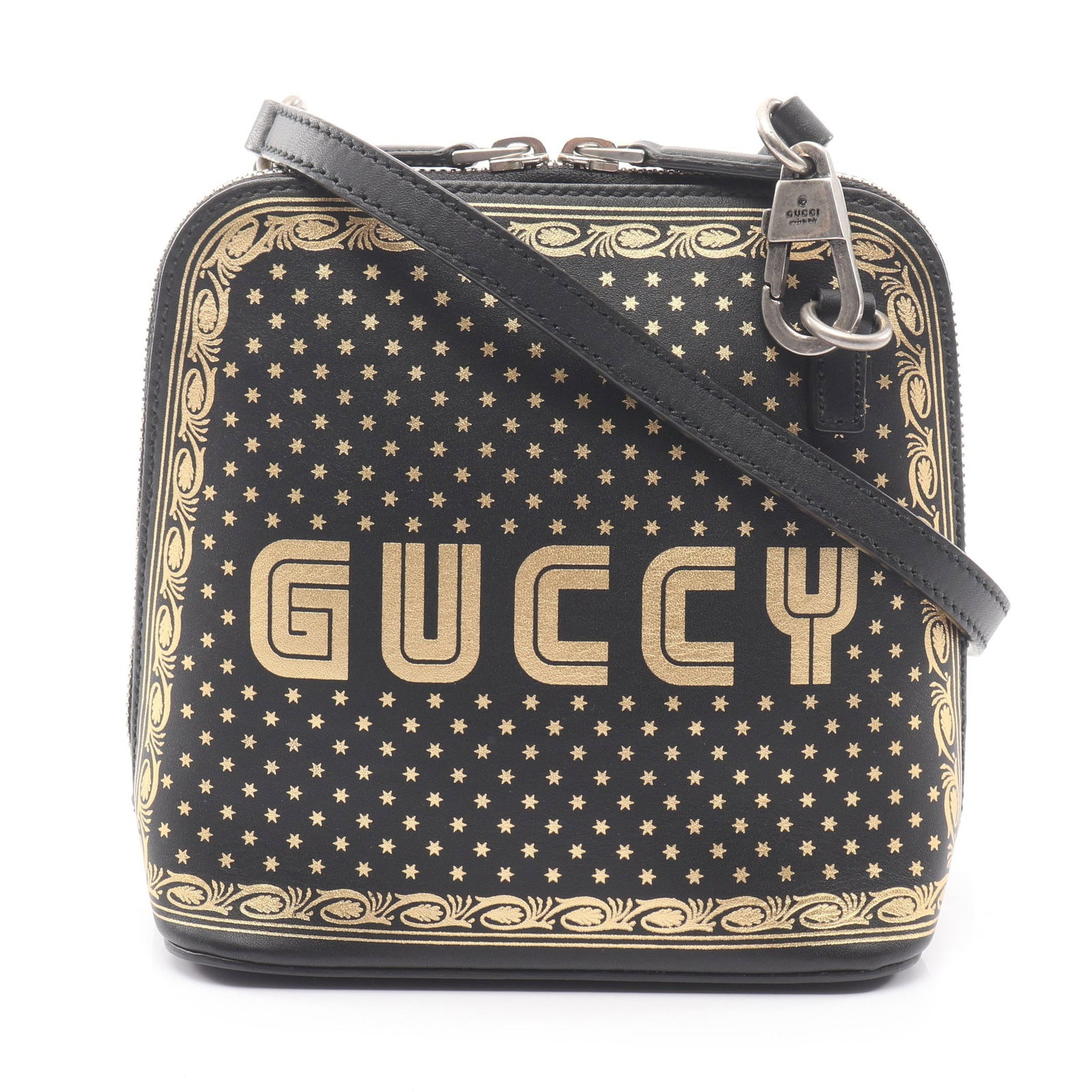 Gucci GUCCY SEGA Shoulder Black Gold: Black gold GUCCY SEGA shoulder bag in leather, model 511189. Size: H16.5 x W15.5-16.5 x D8 cm; strap 130-165 cm.