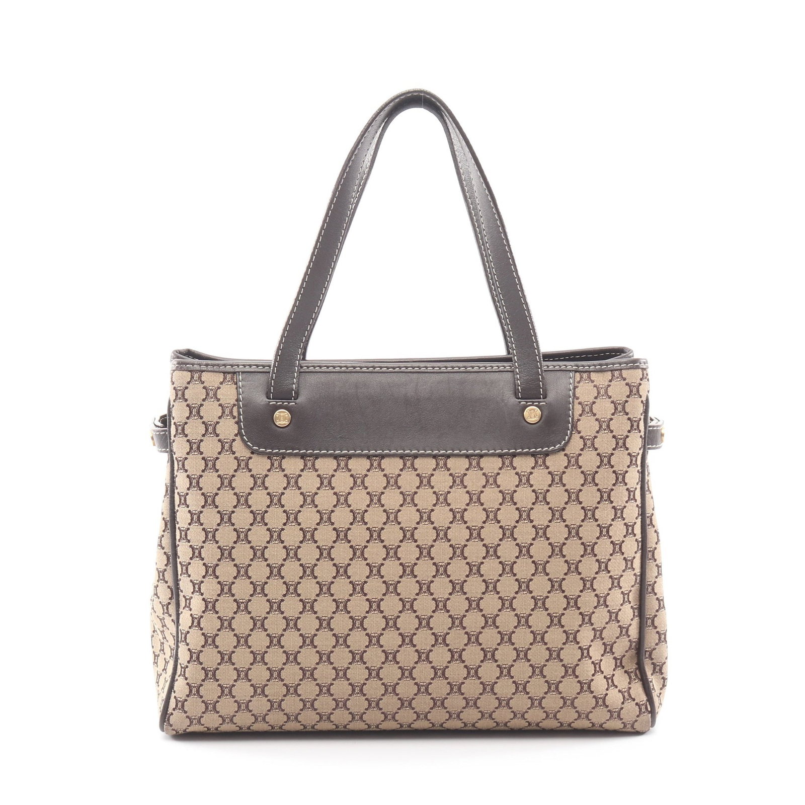 Celine Macadam Handbag Beige Brown: Beige dark brown Macadam handbag in canvas and leather. Size: H20 x W27 x D9.5 cm; handle 38 cm.