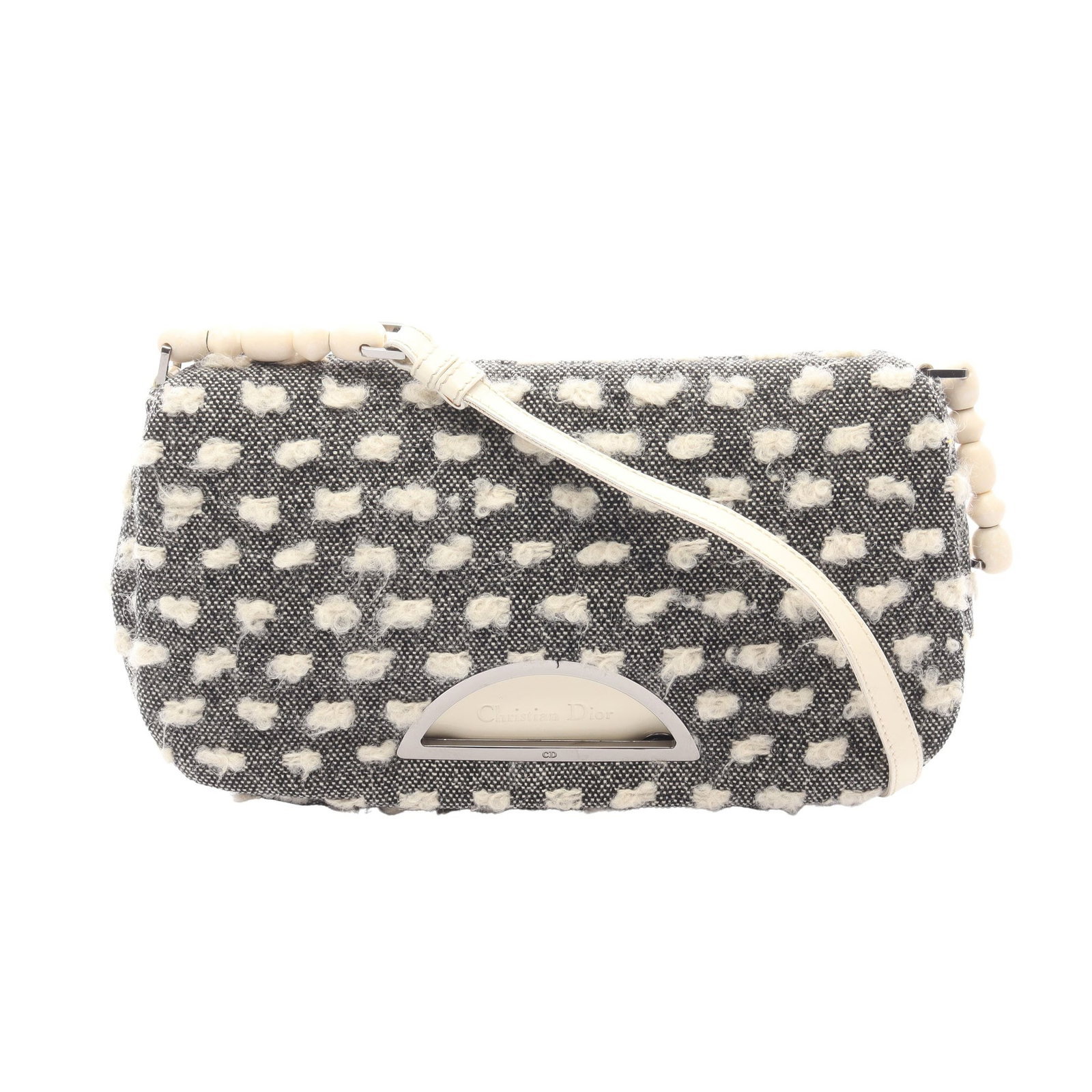 Dior Maris Pearl Shoulder Off White Black: Off white black Maris Pearl shoulder bag in wool and leather. Size: H16 x W23-24 x D4 cm; strap 66 cm.