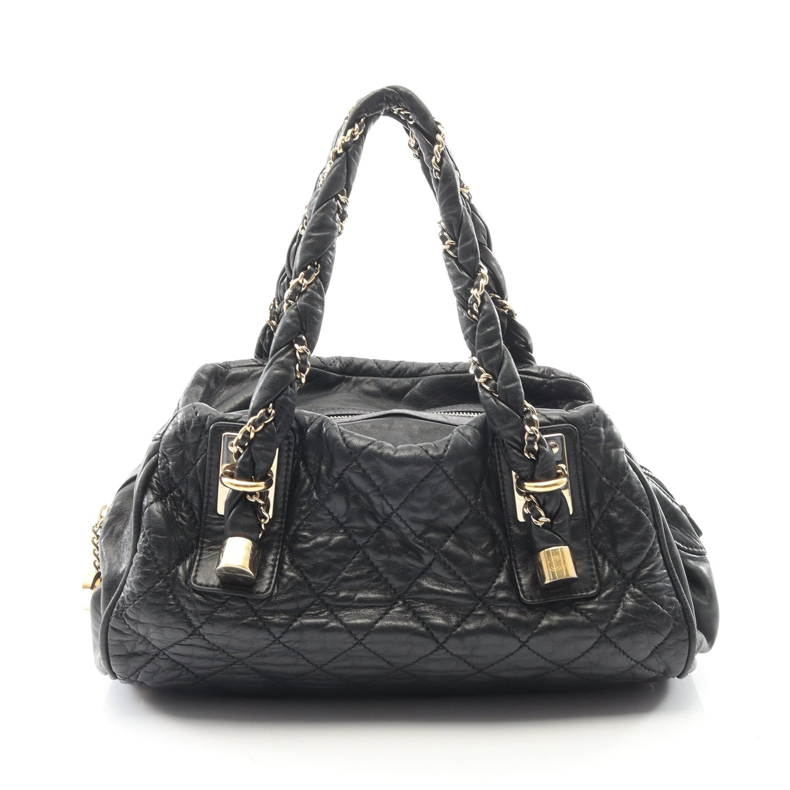 Chanel Mini Boston Lamb Black GHW: Black Matelasse mini boston bag in lambskin with gold hardware. Accessories: serial seal. Serial: 110*****. Size: H19 x W27.5-33 x D17 cm; handle 49 cm.