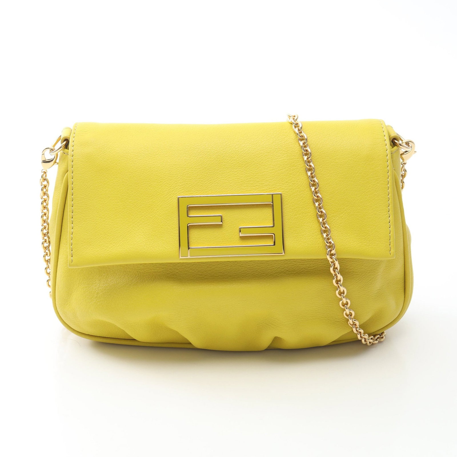 Fendi Chain Shoulder Yellow: Yellow chain shoulder bag in leather, model 8M0276. Size: H14 x W19-23 x D6 cm; strap 120 cm.