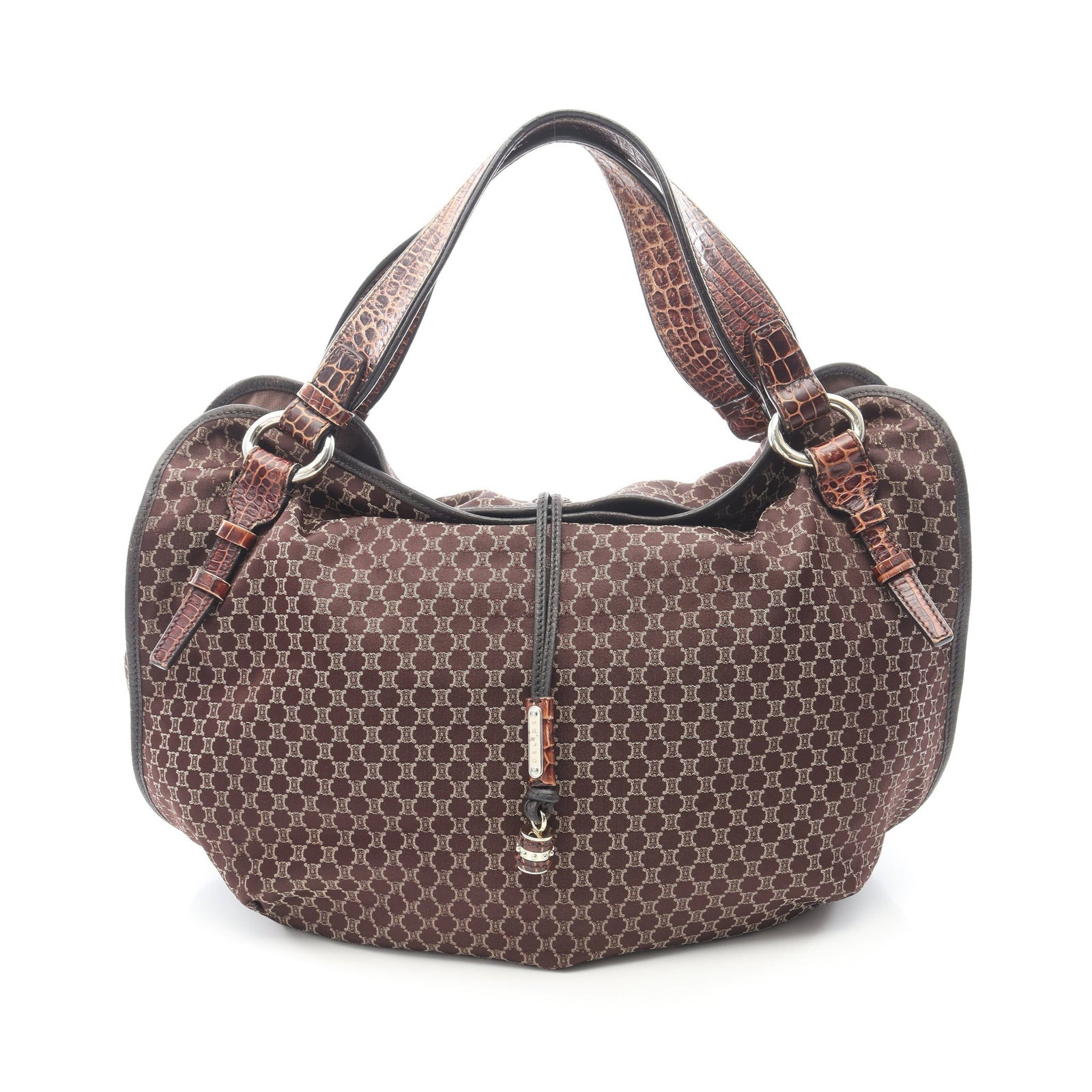 Celine Bitter Sweet Macadam Croc Brown: Dark brown Bitter Sweet Macadam croc embossed handbag in canvas and leather. Size: H29 x W45 x D22 cm; handle 50 cm.