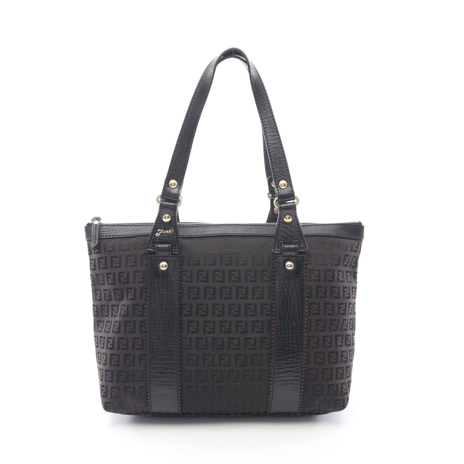 Fendi Zucchino Tote Dark Brown Black: Dark brown black Zucchino shoulder tote in canvas and leather, model 8BH179. Size: H27 x W38-32 x D13 cm; strap 53 cm, max drop 20 cm.