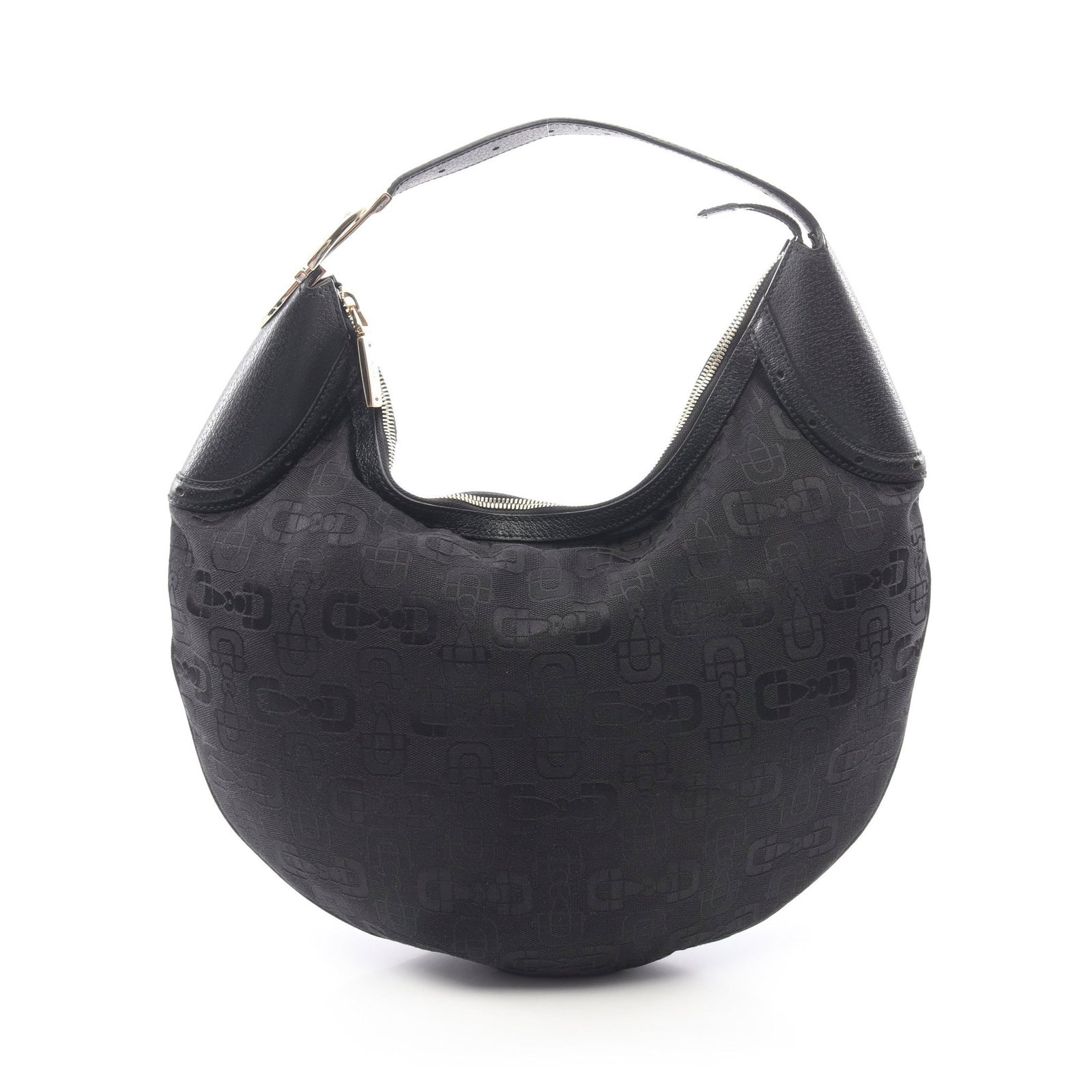Gucci Horsebit Hobo Canvas Black: Black Horsebit one shoulder bag in canvas and leather, model 145764. Size: H31 x W28 x D5.5 cm; strap 29 cm, max drop 22 cm.