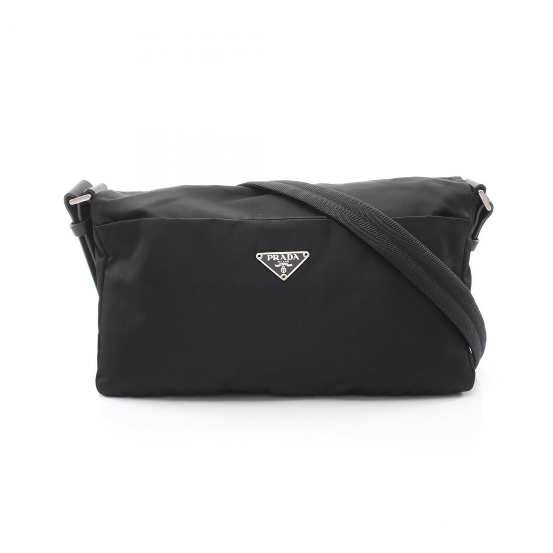 Prada Triangle Logo Shoulder Nylon Black: Black triangle logo shoulder bag in nylon and leather. Size: H16 x W29 x D6 cm; strap 83 cm, max drop 34 cm.