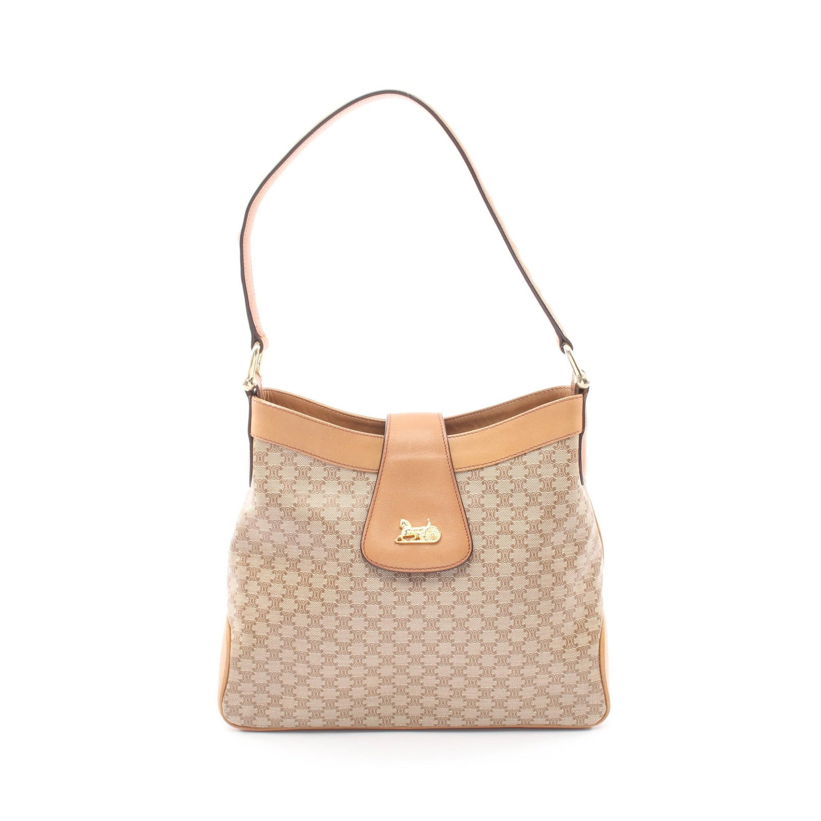 Celine Triomphe Hobo Beige Brown: Beige light brown Triomphe one shoulder bag in coated canvas and leather. Size: H21 x W22-27 x D8 cm; strap 50 cm, max drop 22 cm.